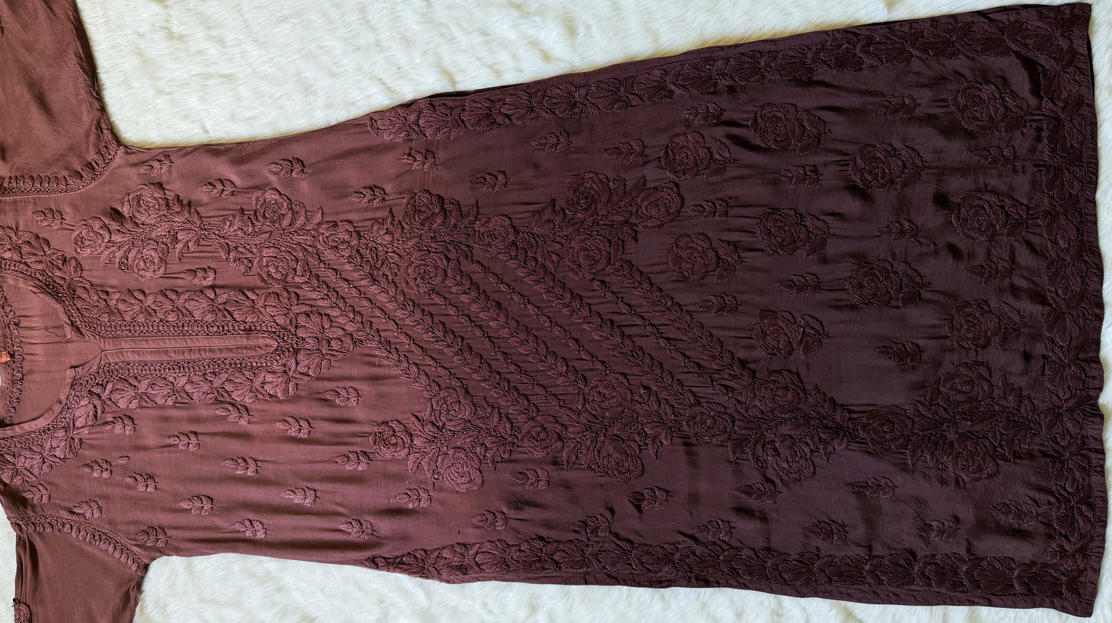 Rhea Brown 3D Chikankari Long Muslin Kurti