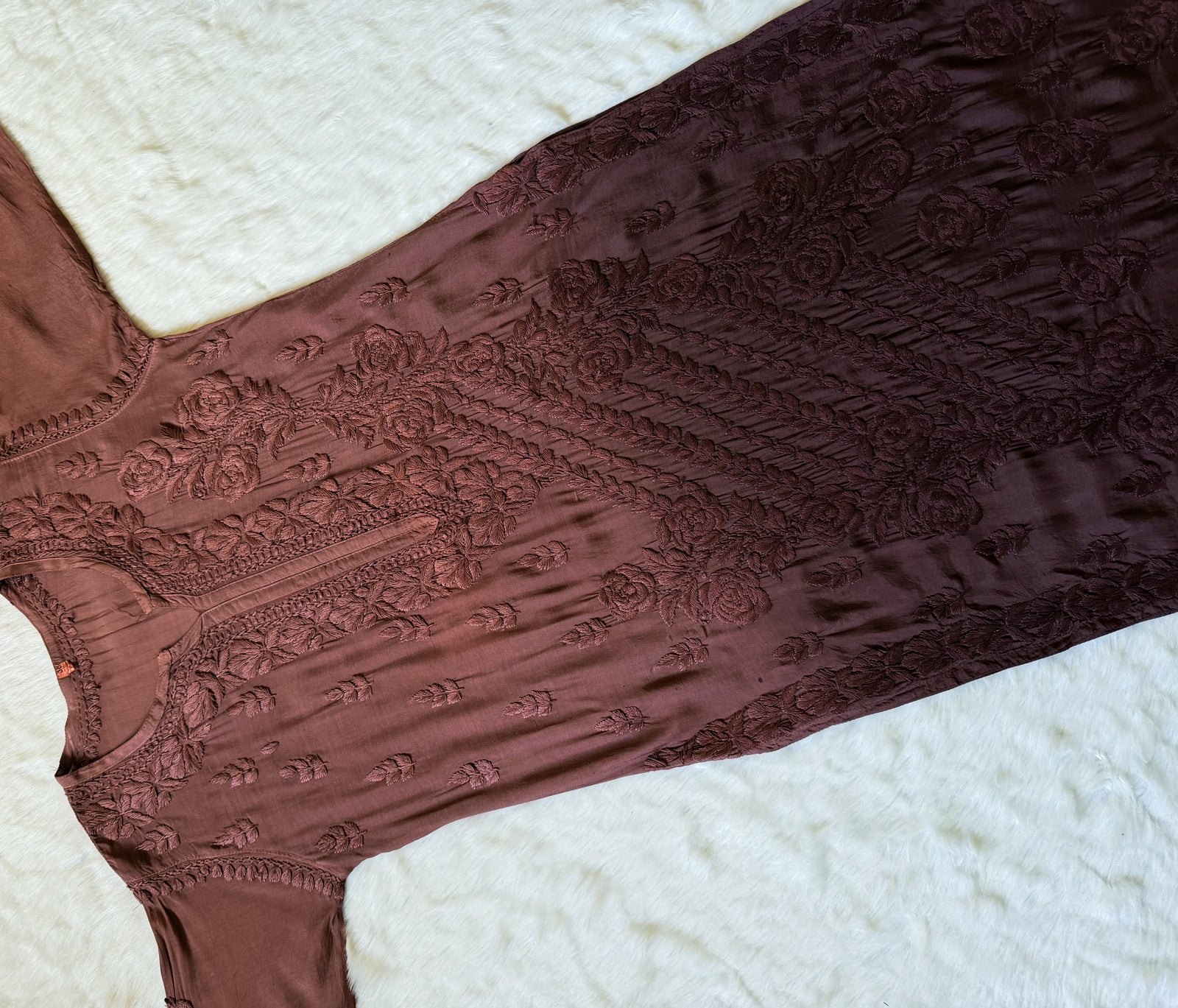 Rhea Brown 3D Chikankari Long Muslin Kurti
