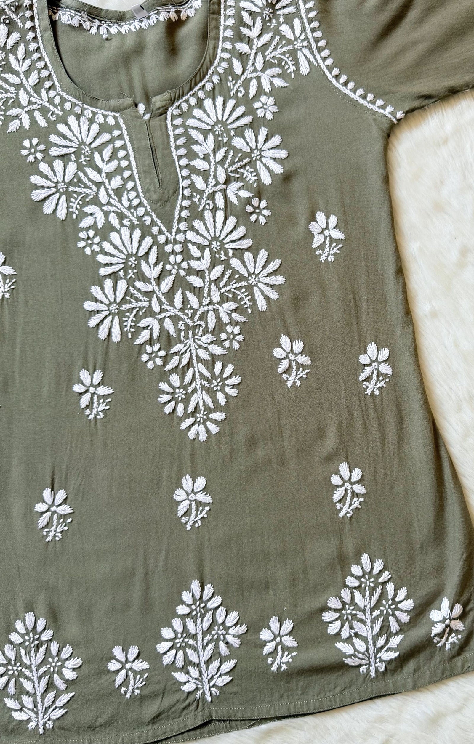 Rhea Moss Green Short Rayon Kurta with White Chikankari