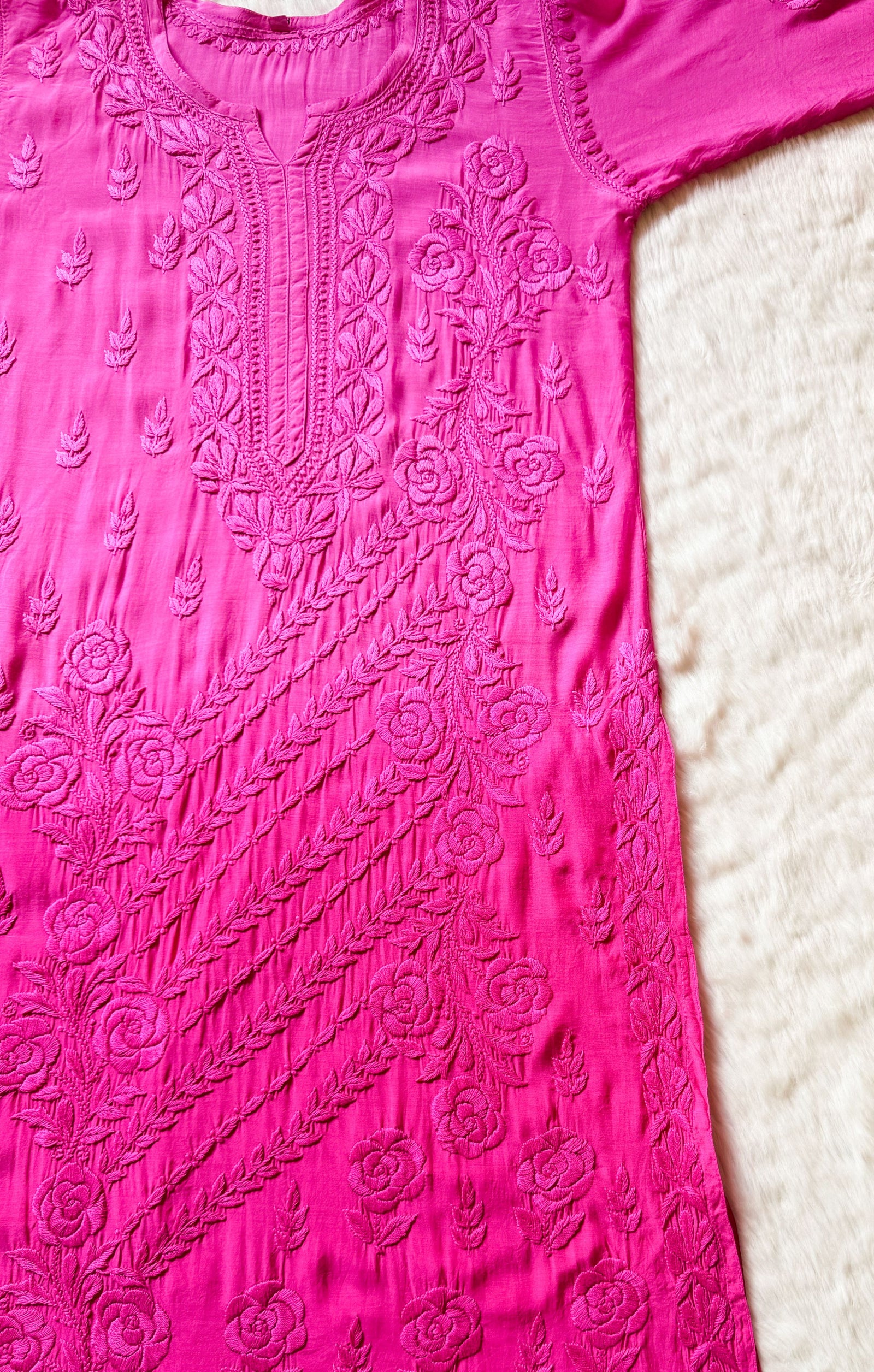 Rhea Pink 3D Chikankari Long Muslin Kurti