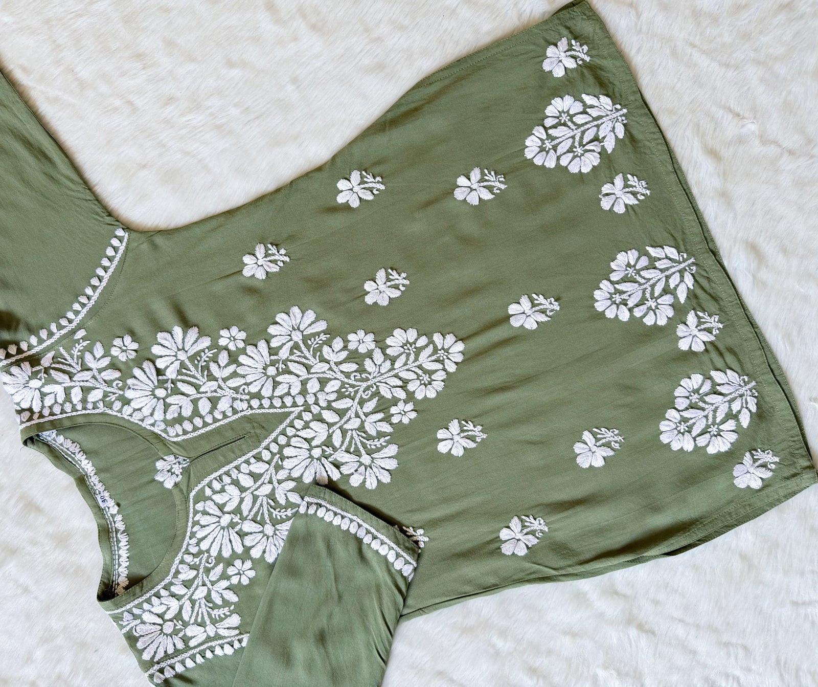 Rhea Sage Green Short Rayon Kurta with White Chikankari