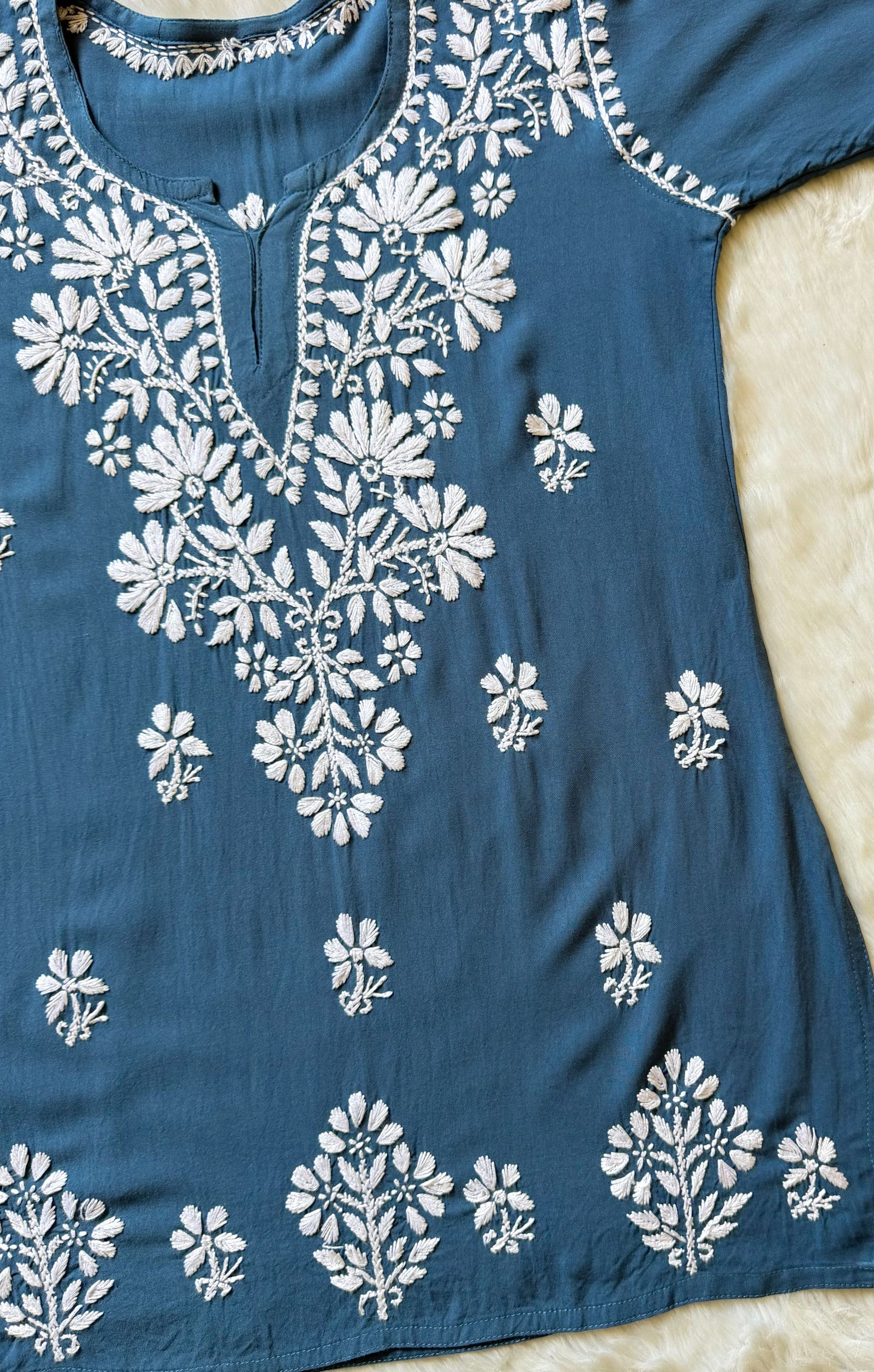 Rhea Steel Blue Short Rayon Kurta with White Chikankari
