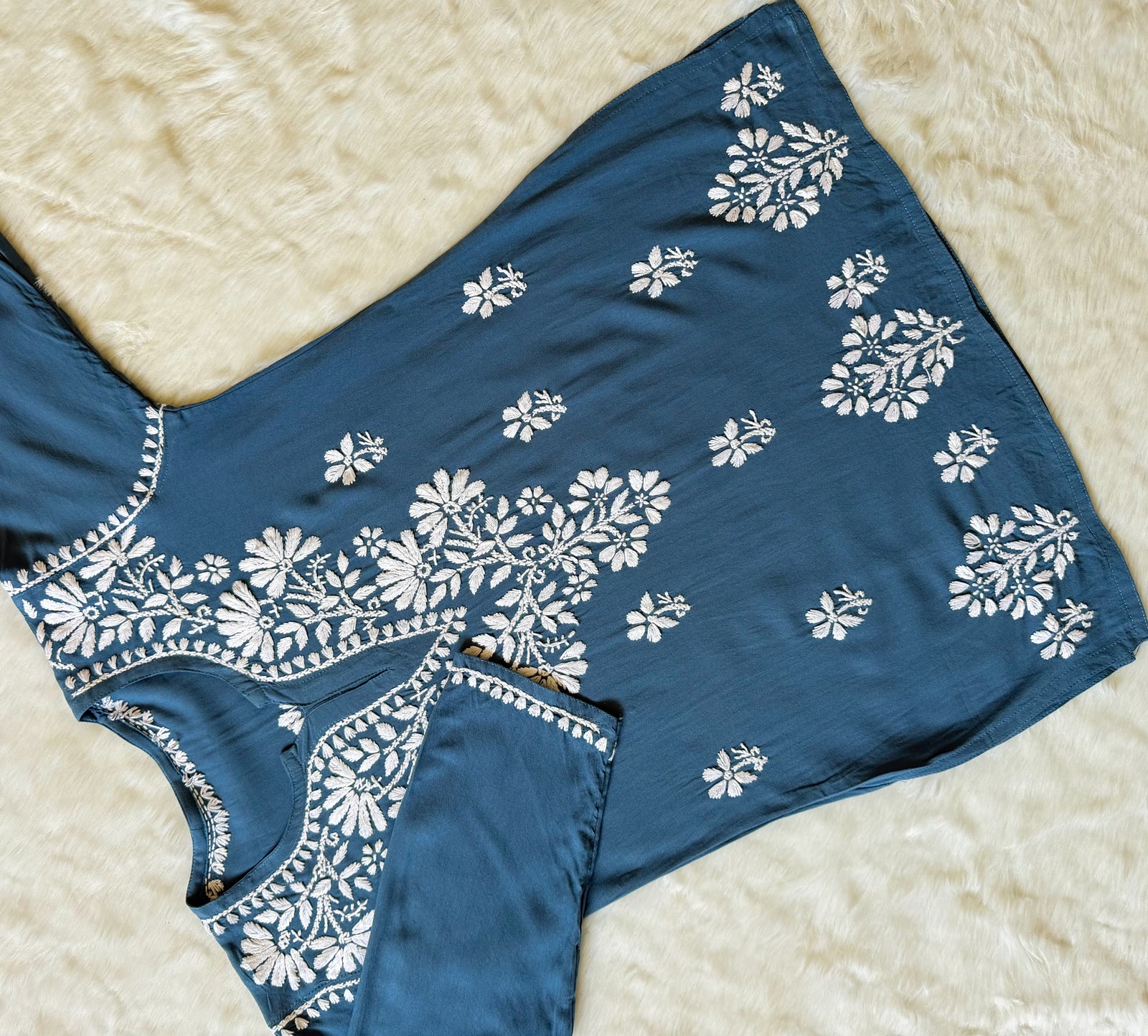 Rhea Steel Blue Short Rayon Kurta with White Chikankari