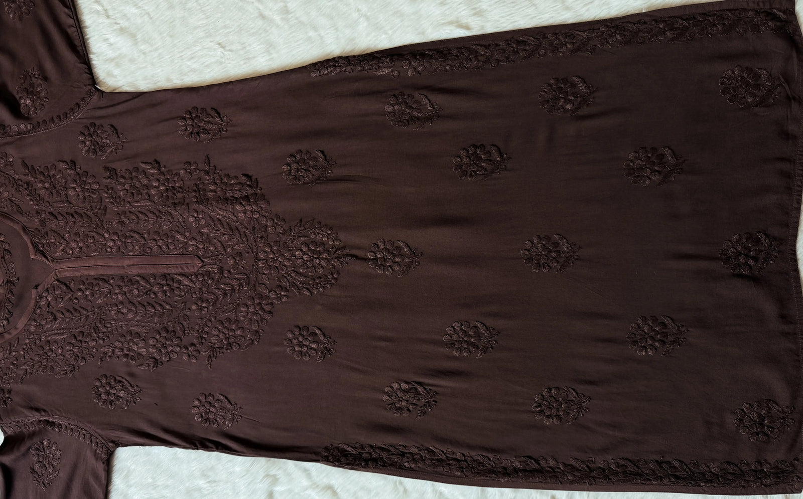 Rida Brown Long Rayon Chikankari Kurti