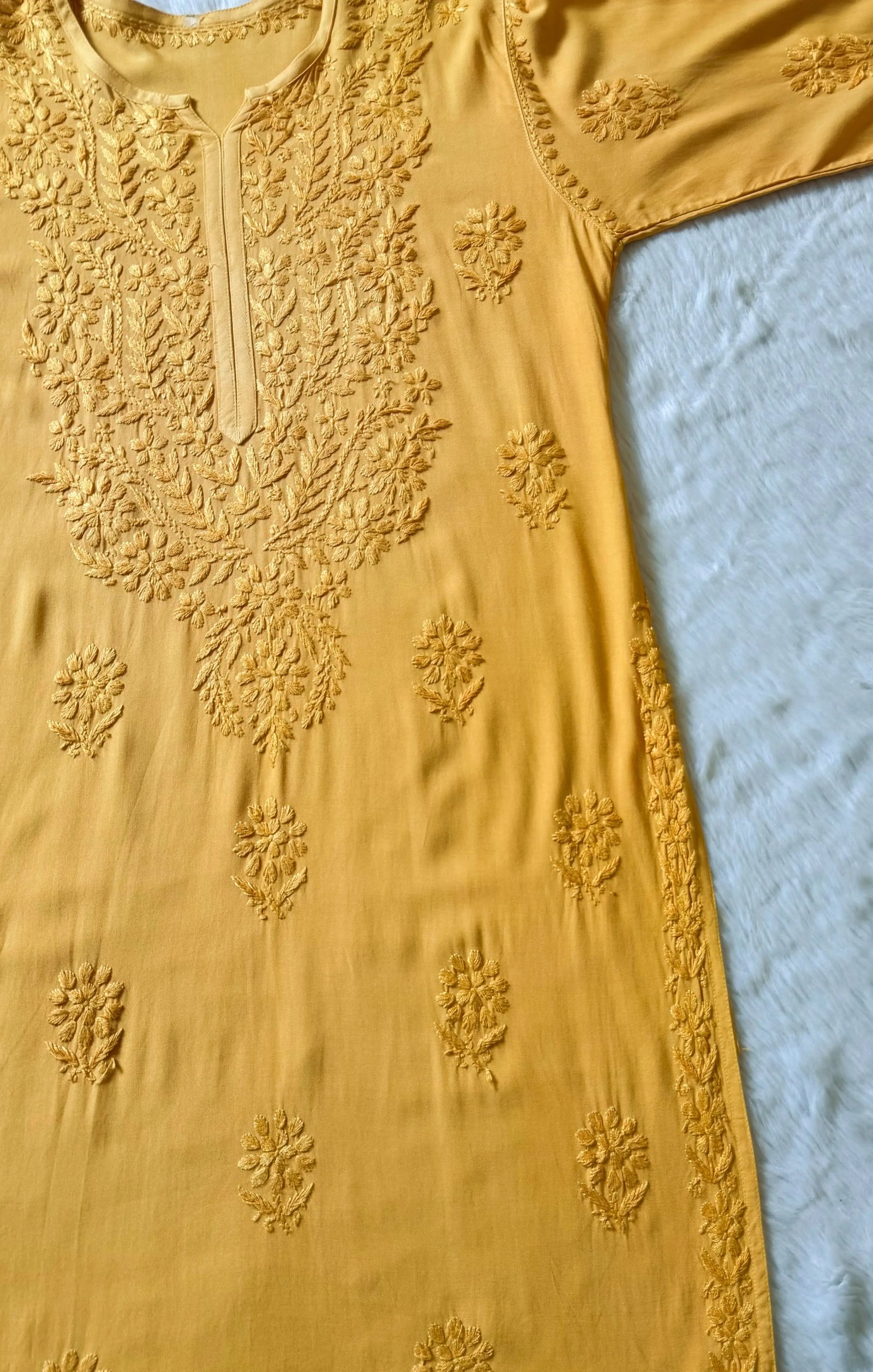 Rida Mango Yellow Long Rayon Chikankari Kurti