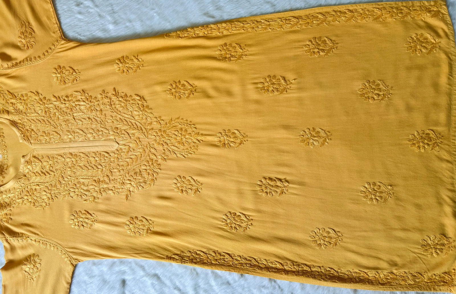 Rida Mango Yellow Long Rayon Chikankari Kurti