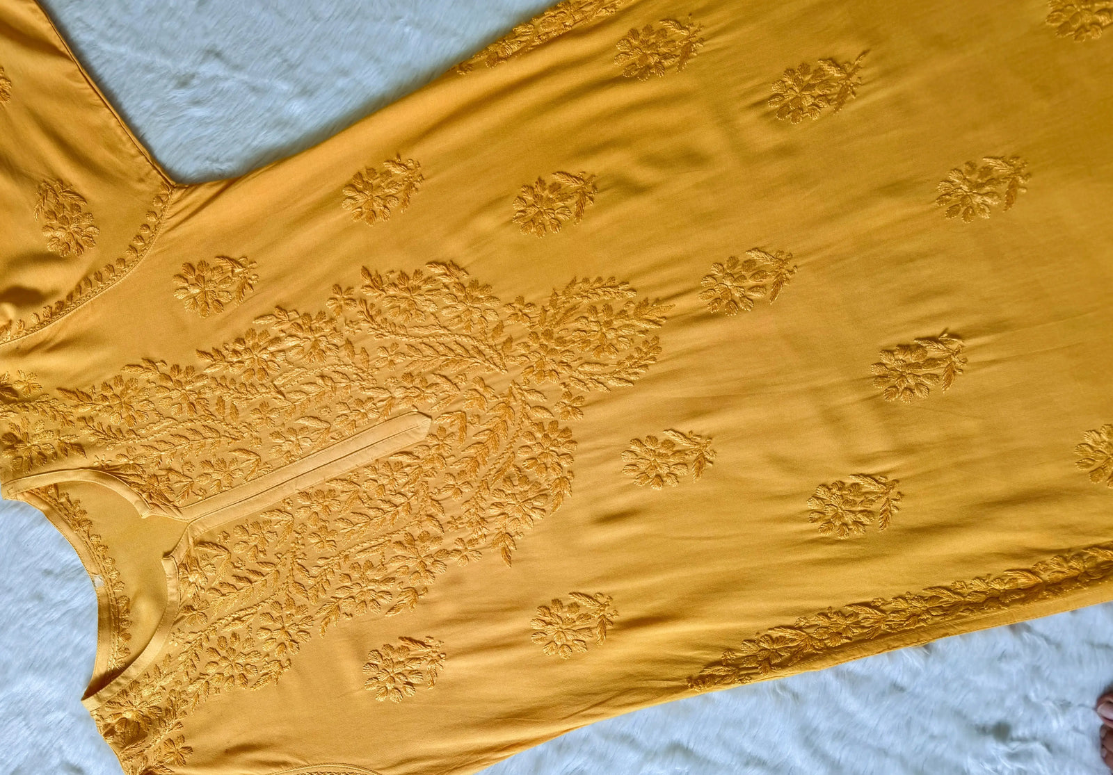 Rida Mango Yellow Long Rayon Chikankari Kurti