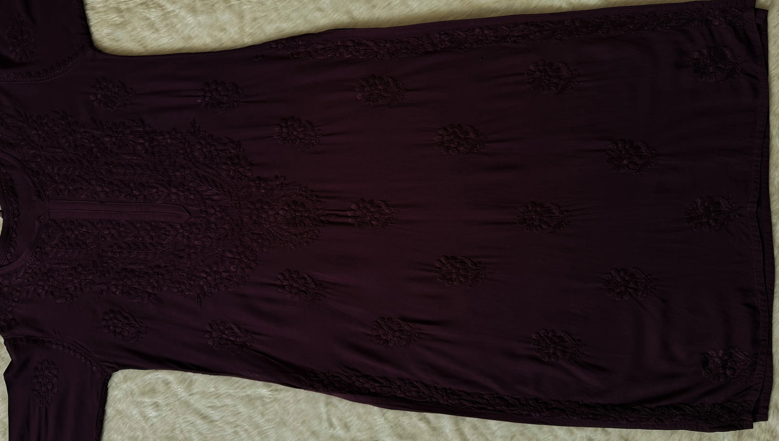 Rida Wine Long Rayon Chikankari Kurti