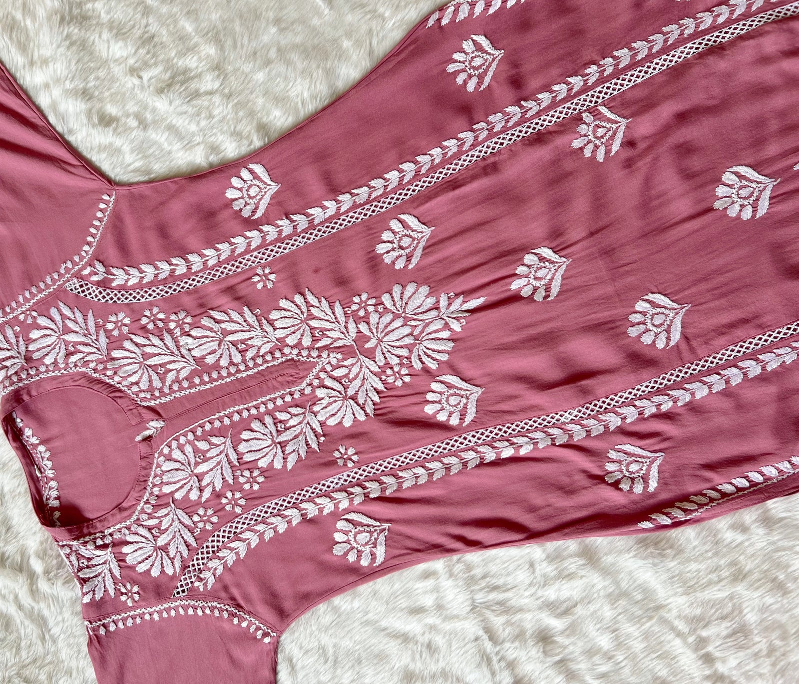 Rose Pink Long Lace Rayon Chikankari Kurta