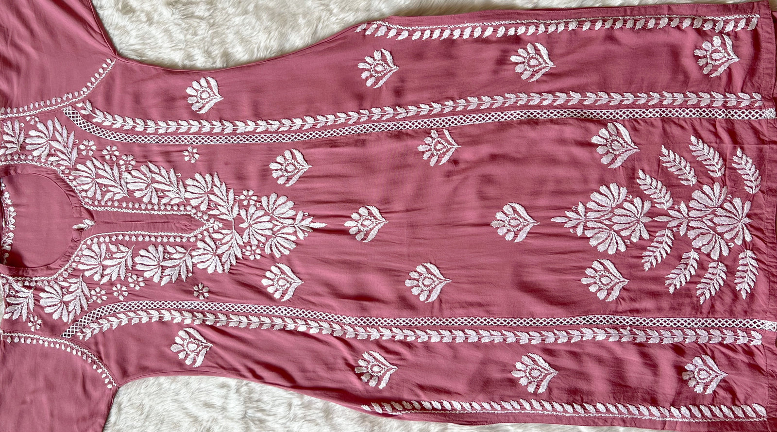 Rose Pink Long Lace Rayon Chikankari Kurta