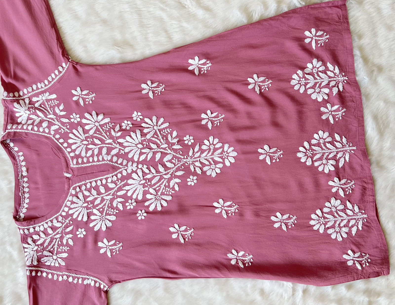 Rose Pink Short Rayon Kurta with White Chikankari