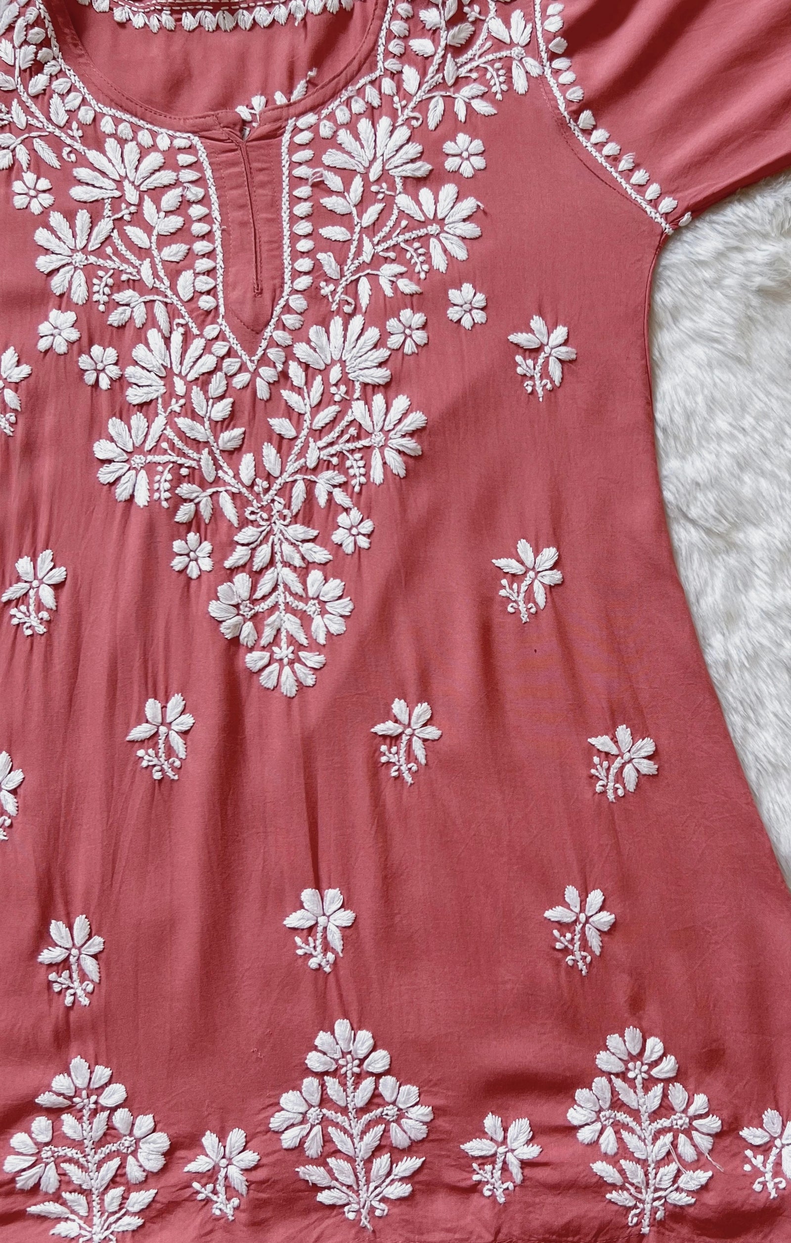 Rosewood Pink Short Rayon Kurta with White Chikankari