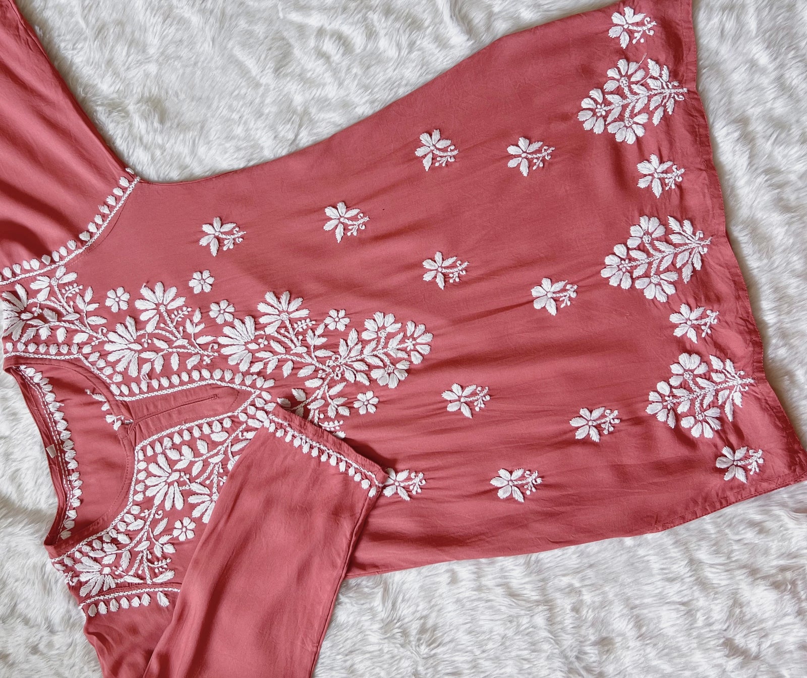 Rosewood Pink Short Rayon Kurta with White Chikankari