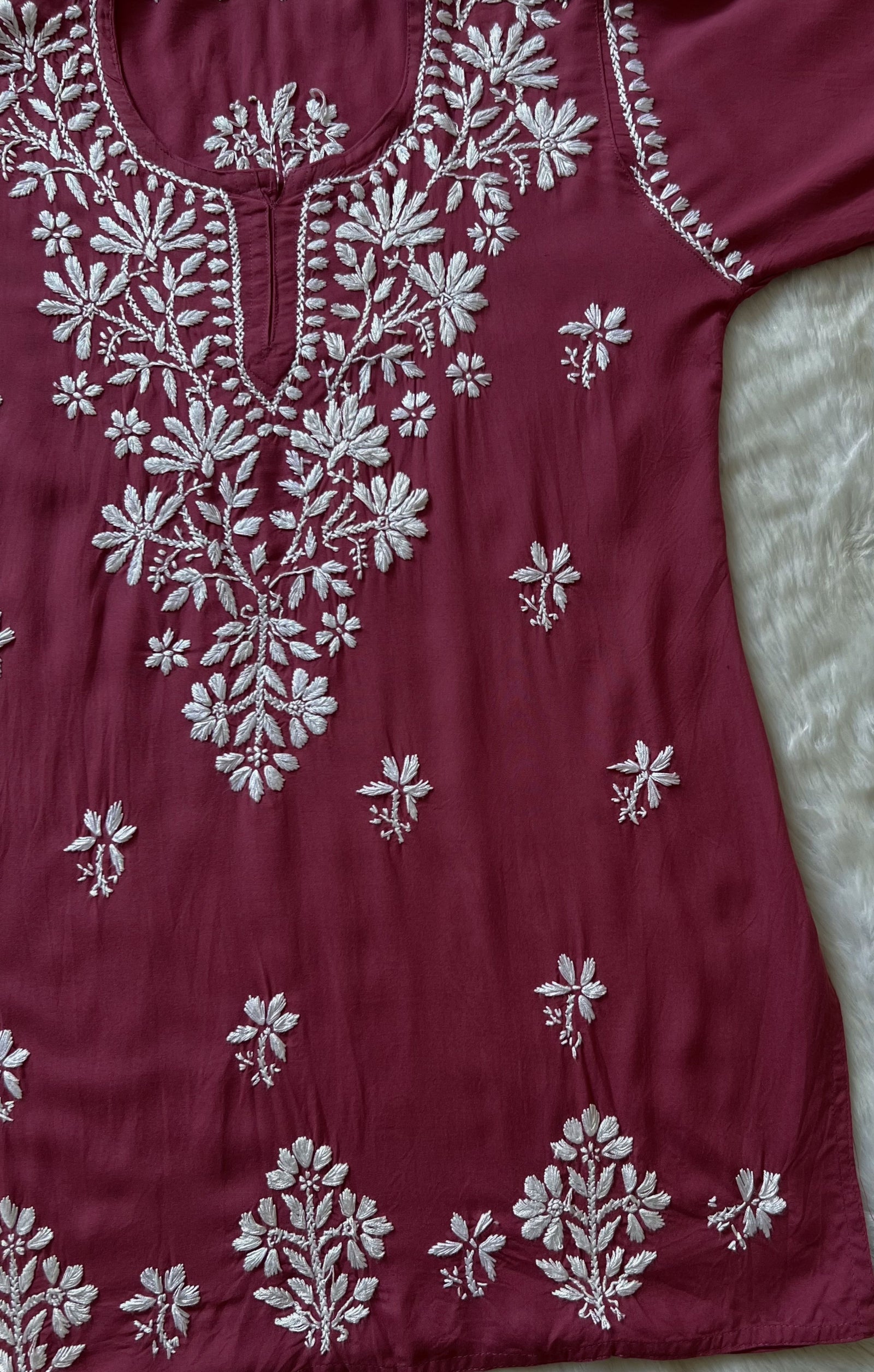 Rouge Pink Short Rayon Kurta with White Chikankari