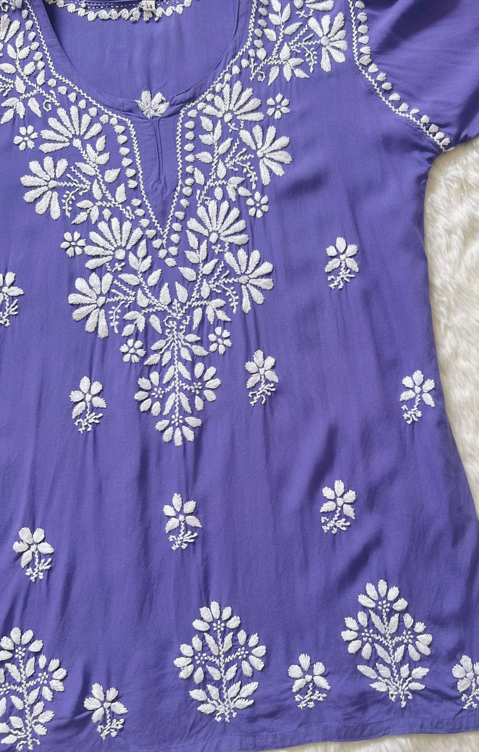 Royal Purple Short Rayon Kurta with White Chikankari