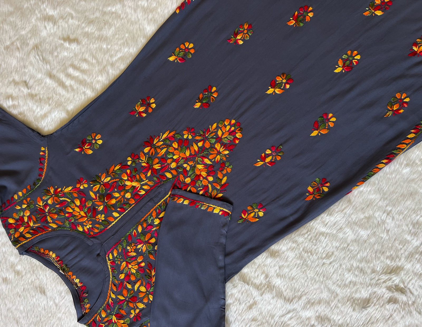 Ruhi Grey Multi Long Rayon Chikankari Kurta