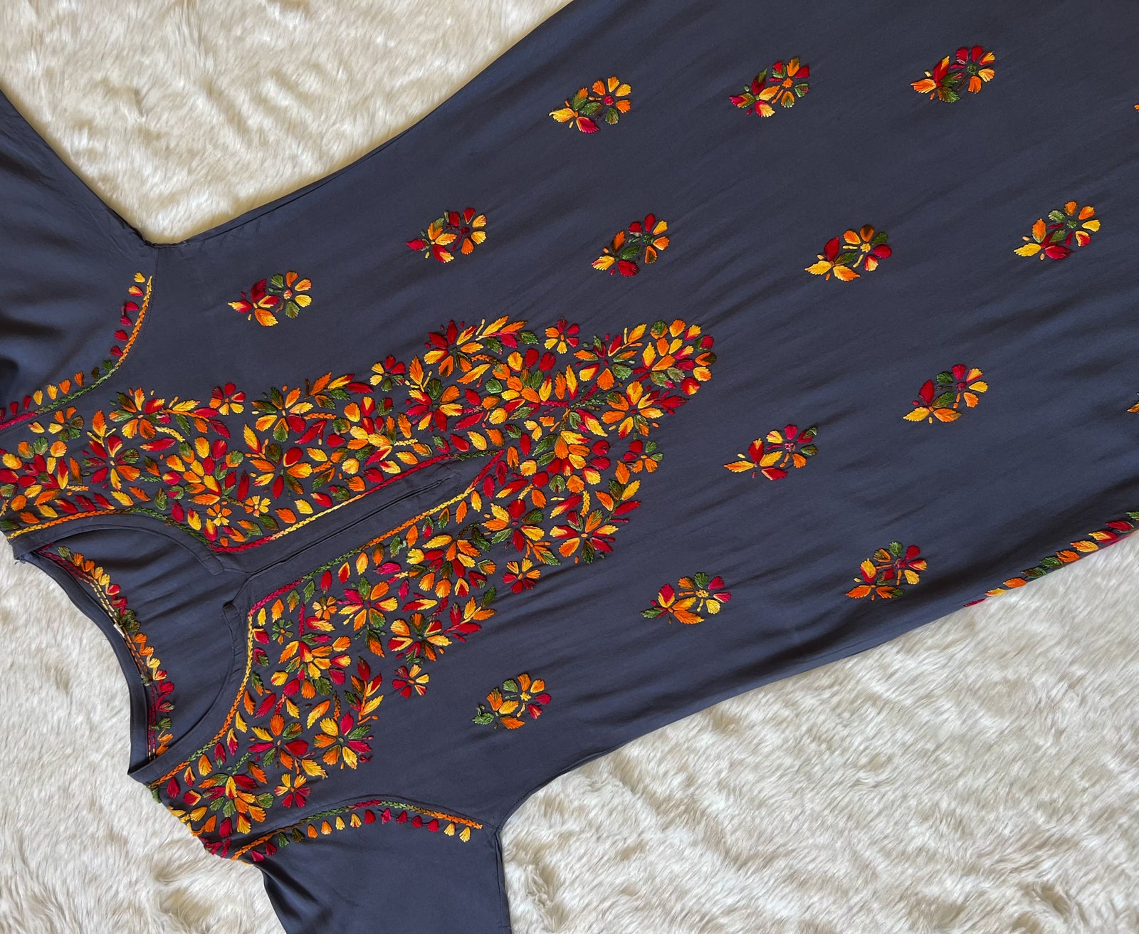 Ruhi Grey Multi Long Rayon Chikankari Kurta