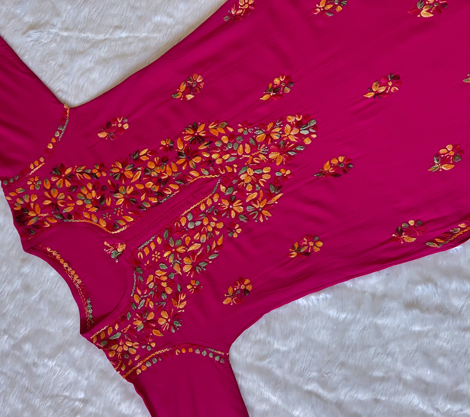 Ruhi Hot Pink Multi Long Rayon Chikankari Kurta