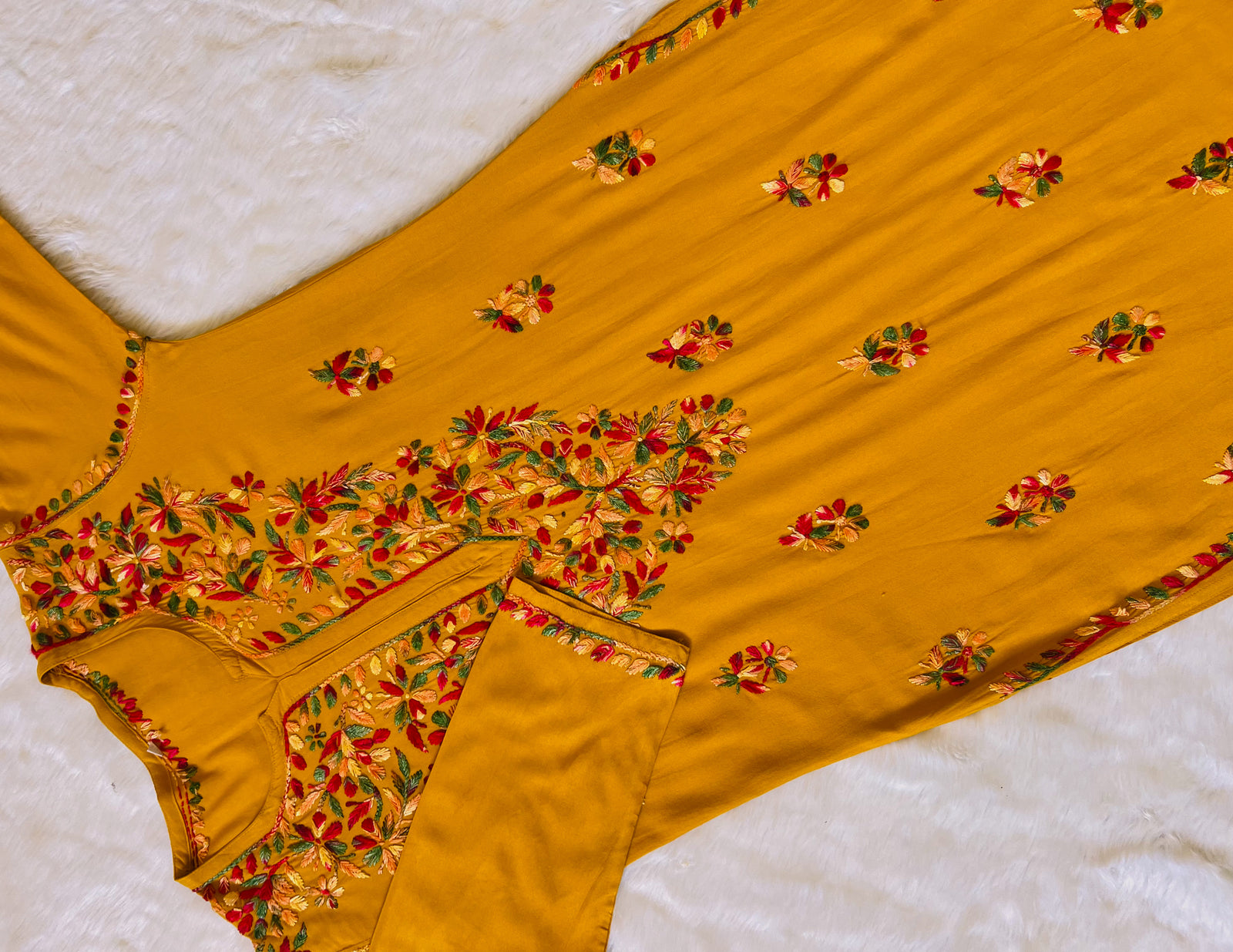 Ruhi Mustard Multi Long Rayon Chikankari Kurta