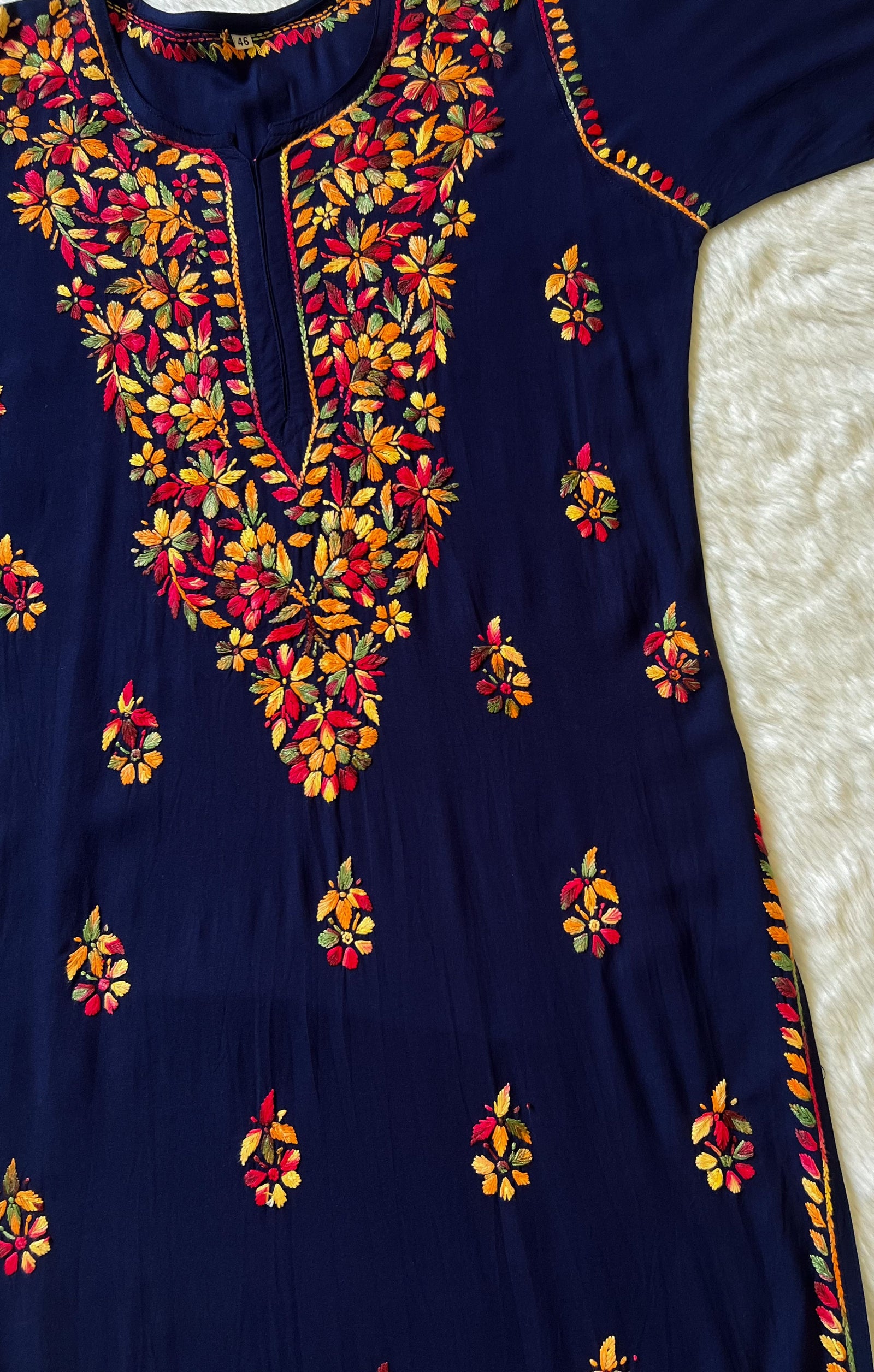 Ruhi Navy Blue Multi Long Rayon Chikankari Kurta