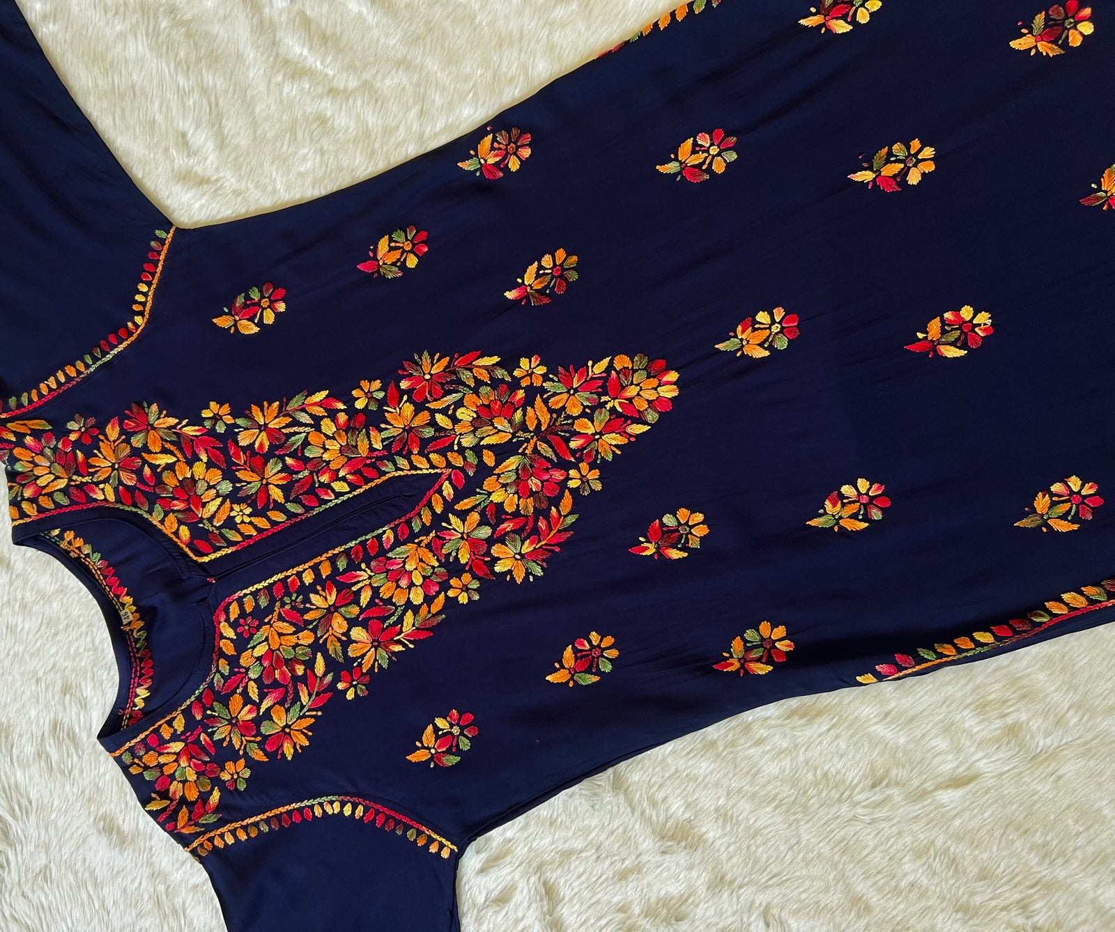Ruhi Navy Blue Multi Long Rayon Chikankari Kurta