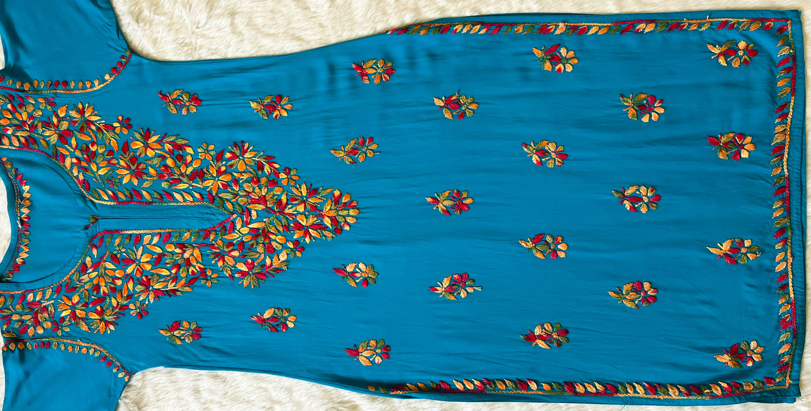 Ruhi Turquoise Multi Long Rayon Chikankari Kurta