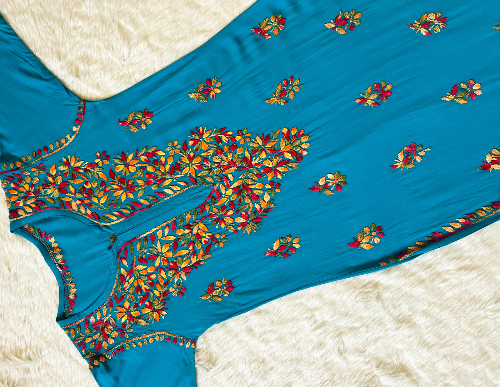 Ruhi Turquoise Multi Long Rayon Chikankari Kurta
