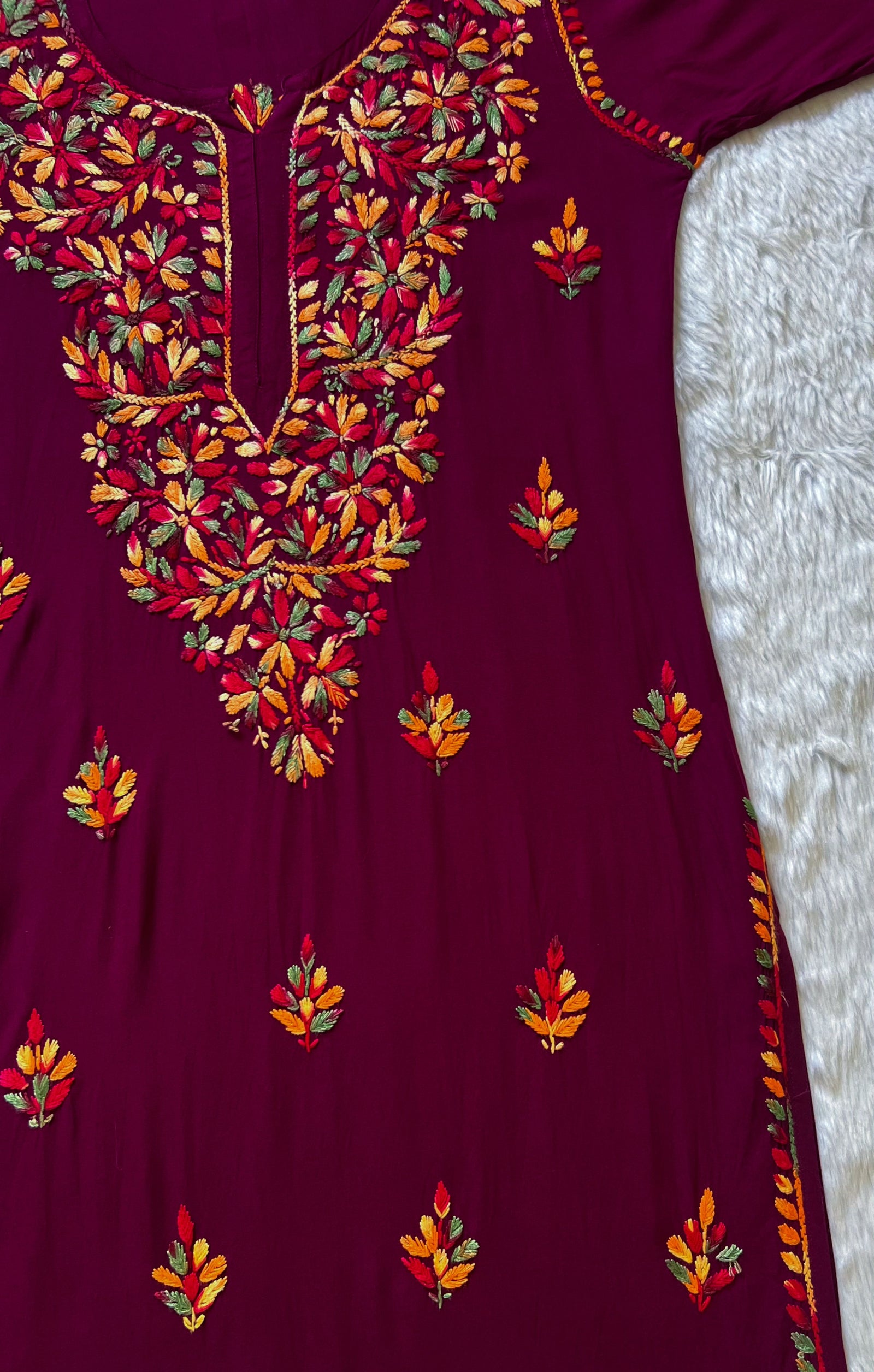 Ruhi Wine Multi Long Rayon Chikankari Kurta