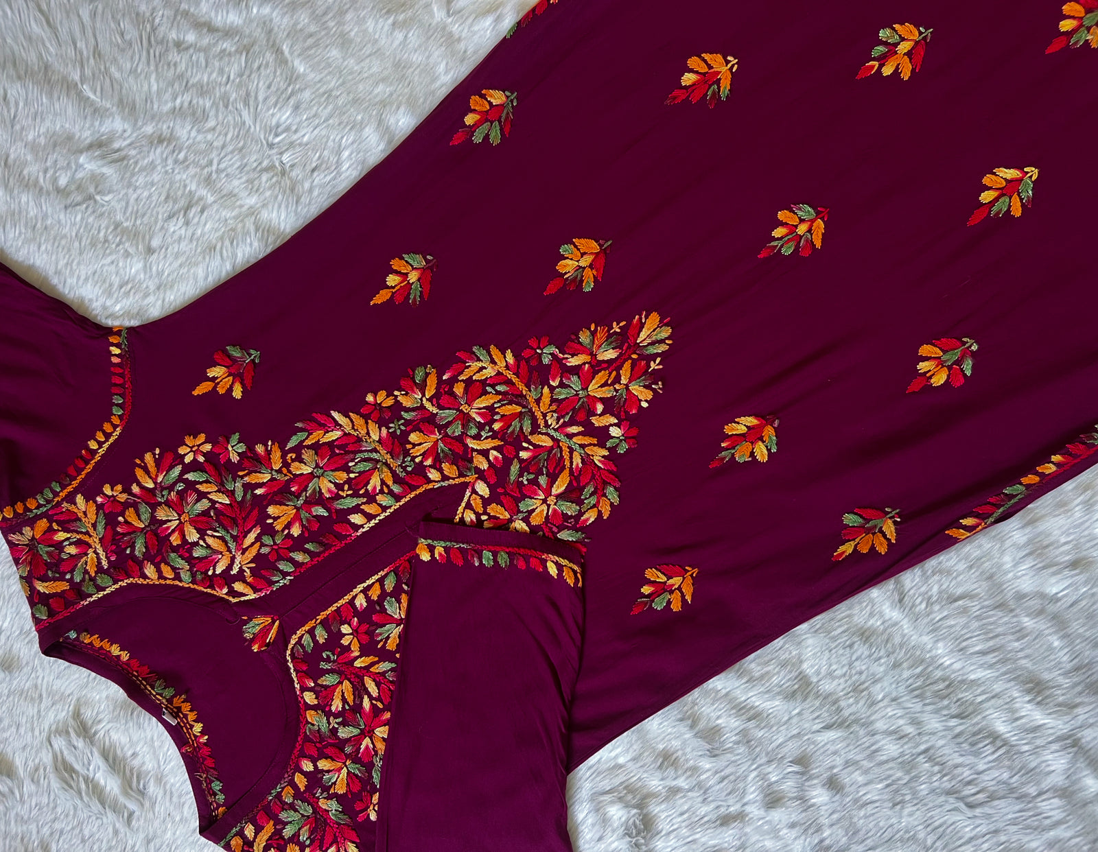 Ruhi Wine Multi Long Rayon Chikankari Kurta