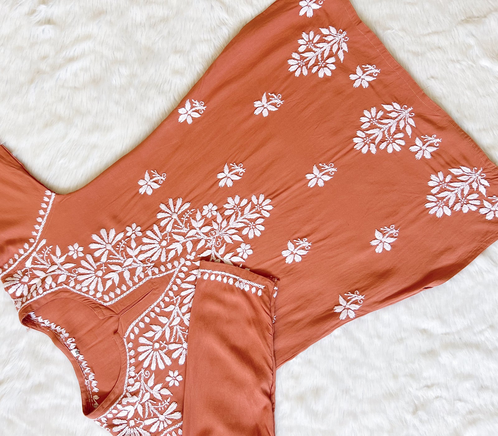 Rust Short Rayon Kurta with White Chikankari