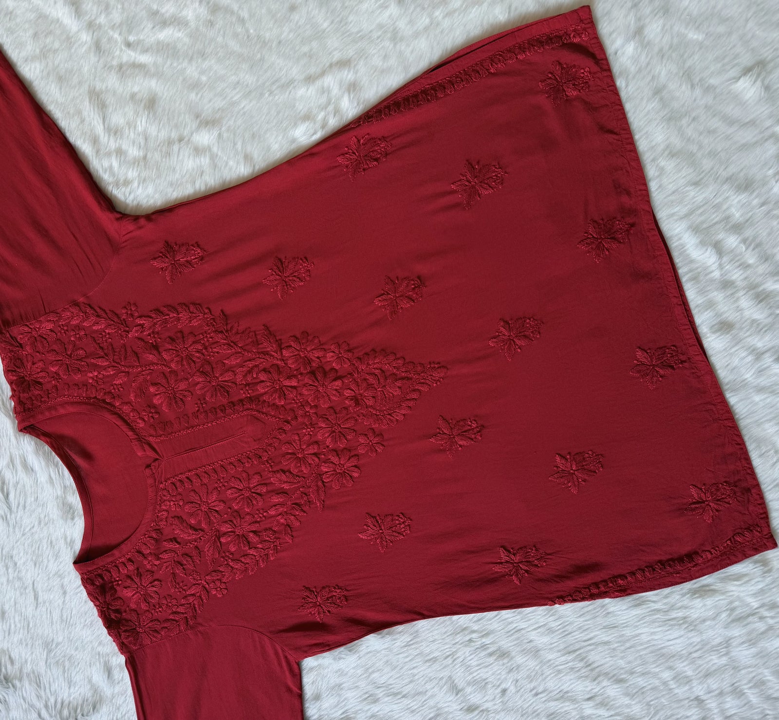 Safa Maroon Short Rayon Chikankari Kurti