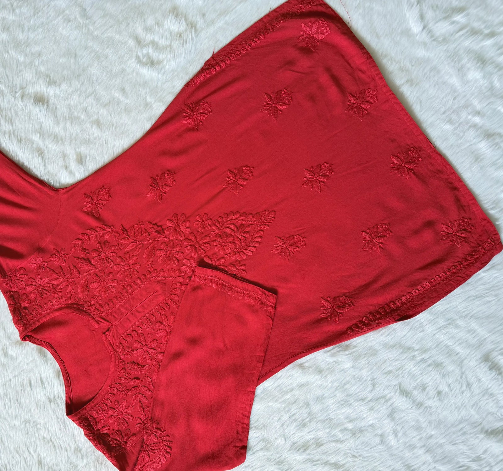 Safa Red Short Rayon Chikankari Kurti