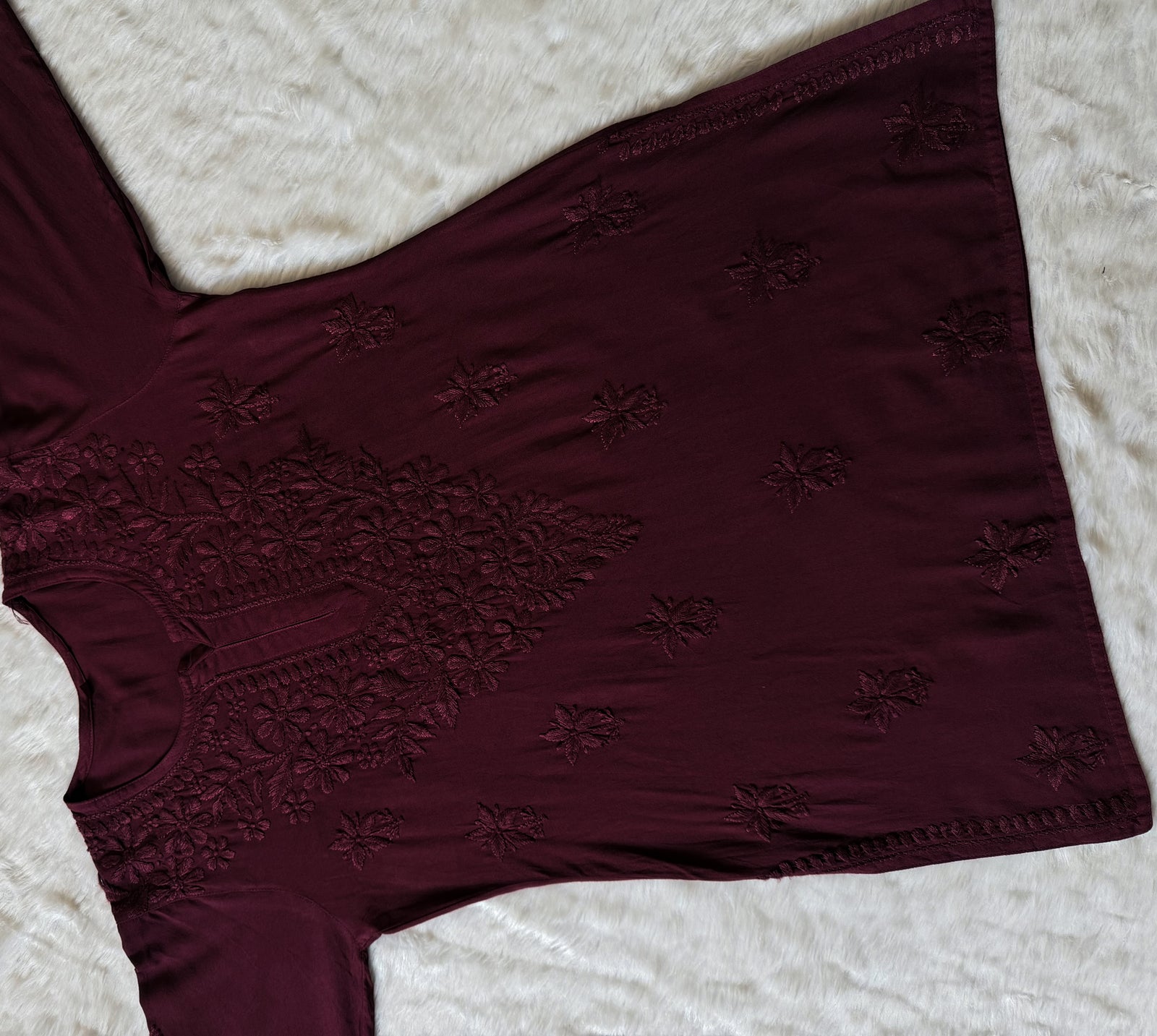 Safa Wine Short Rayon Chikankari Kurti