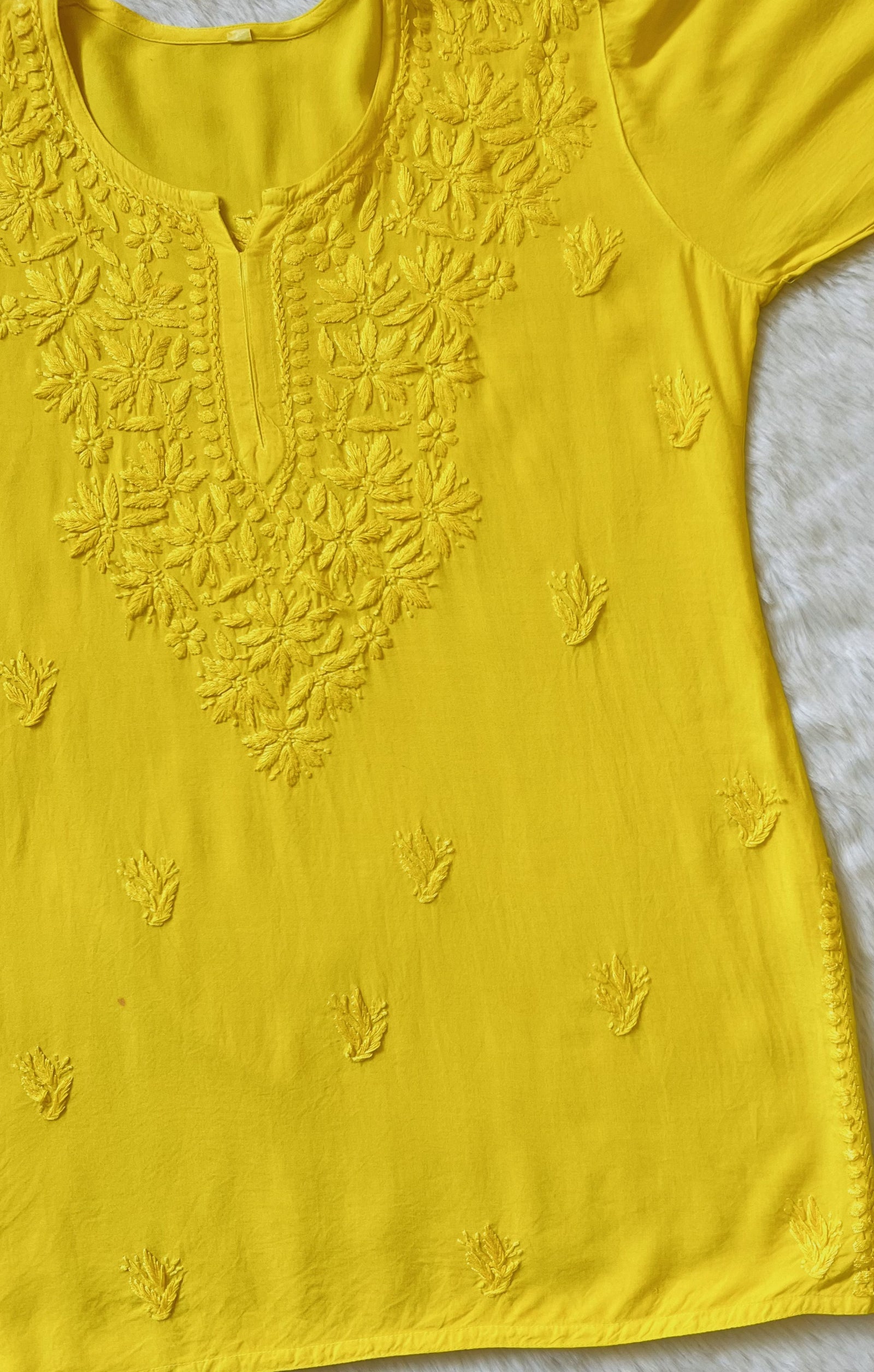 Sana Yellow Short Rayon with Self Chikankari