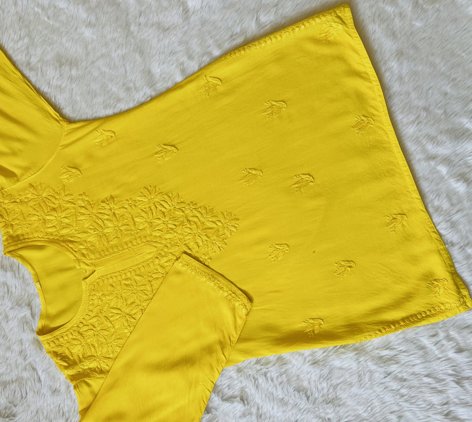 Sana Yellow Short Rayon with Self Chikankari