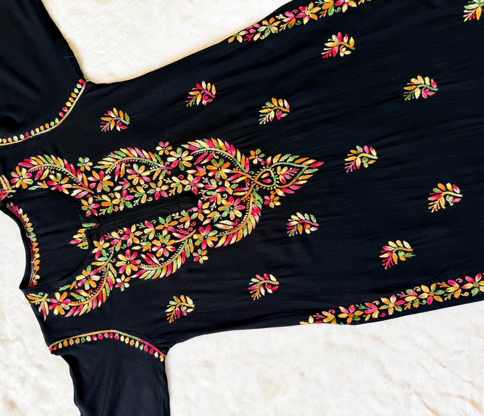 Sara Black Multi Long Rayon Chikankari Kurti