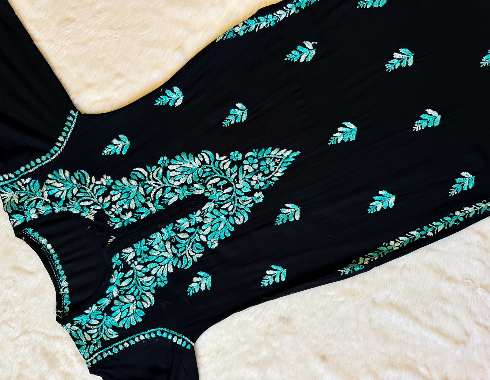 Sara Black & Teal Long Rayon Chikankari Kurti
