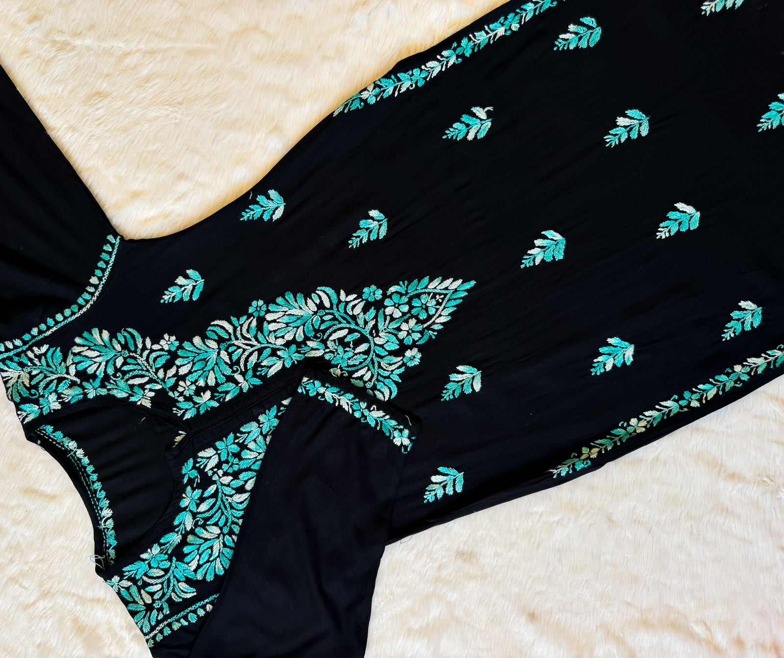 Sara Black & Teal Long Rayon Chikankari Kurti