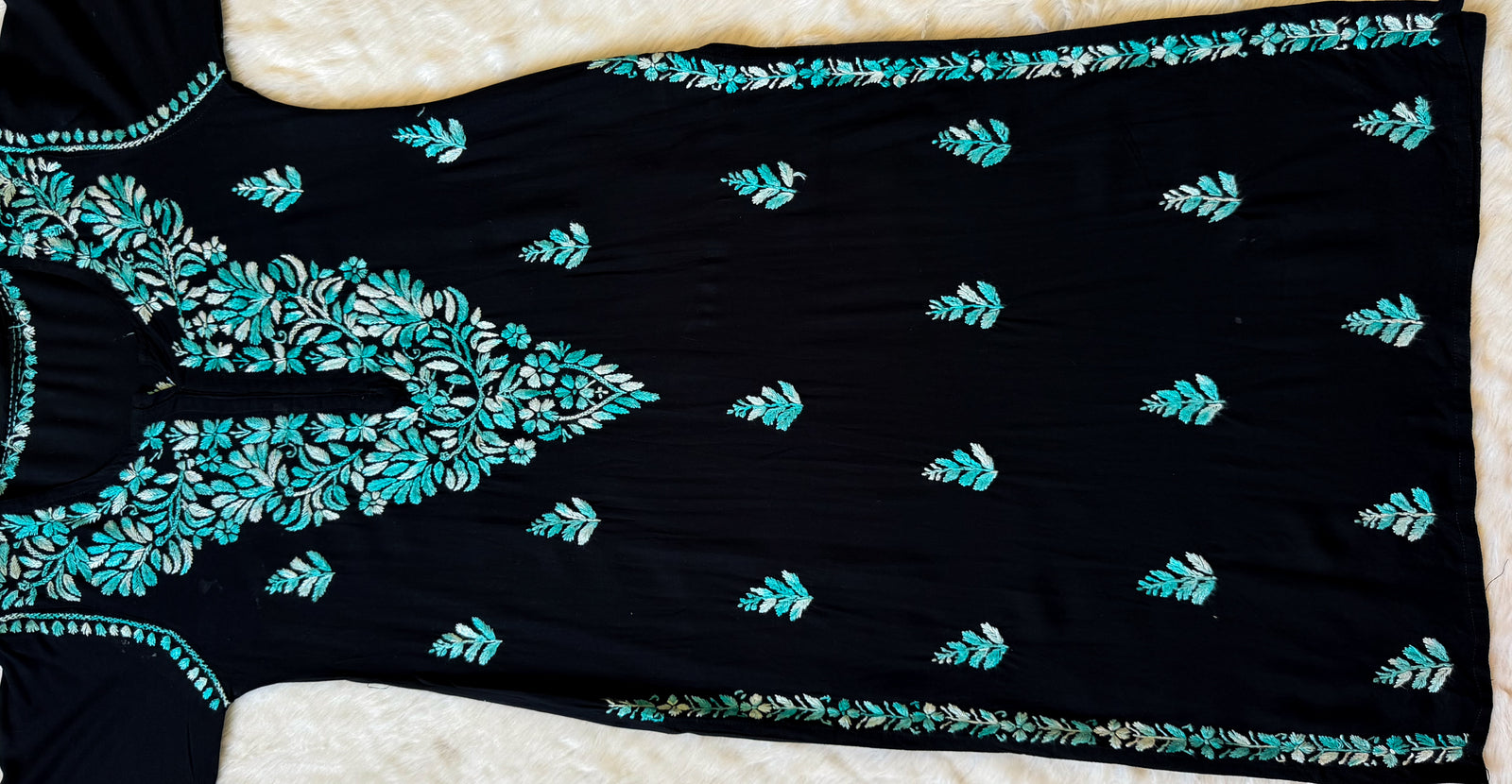 Sara Black & Teal Long Rayon Chikankari Kurti