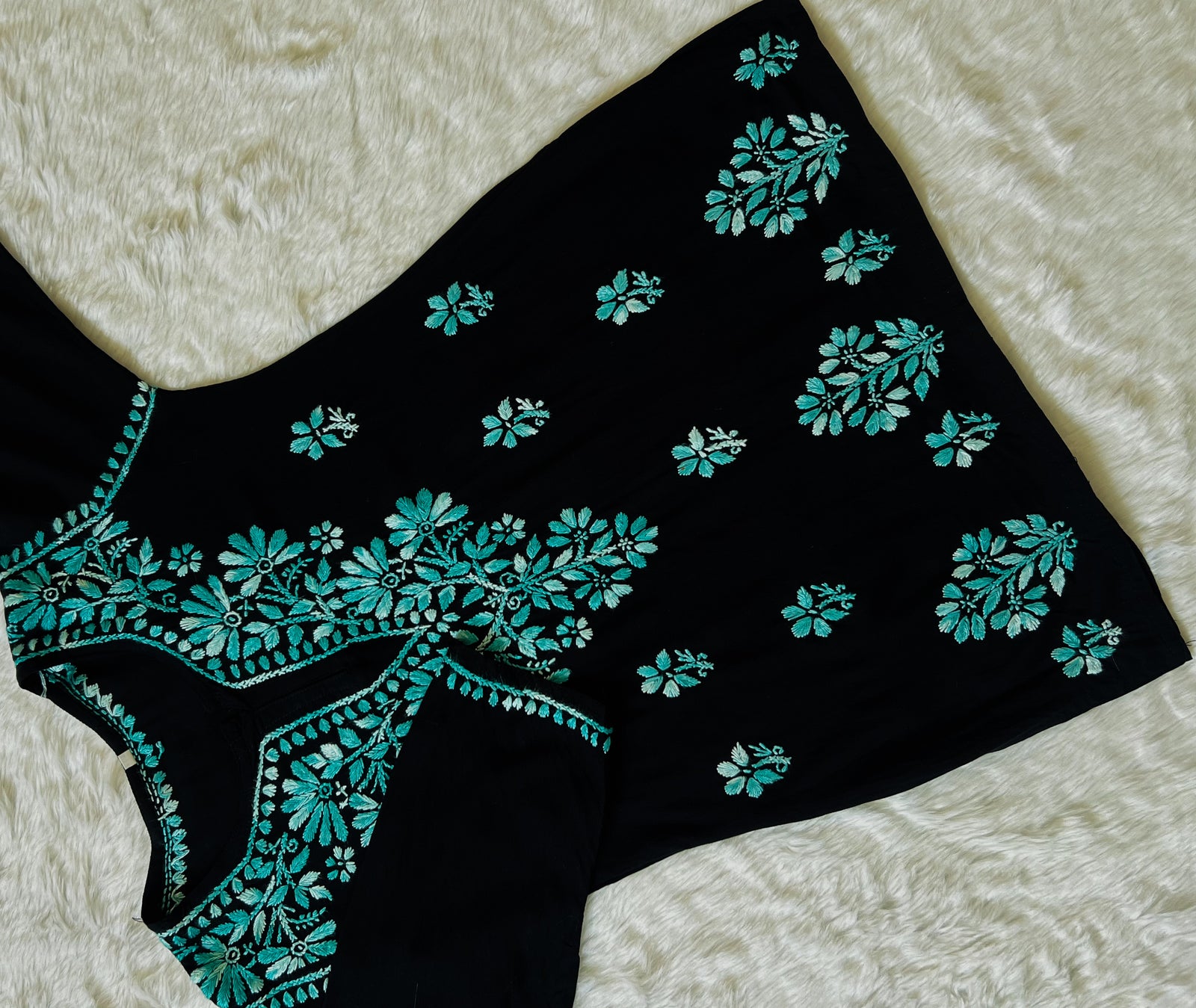 Sara Black & Teal Short Rayon Chikankari Kurta