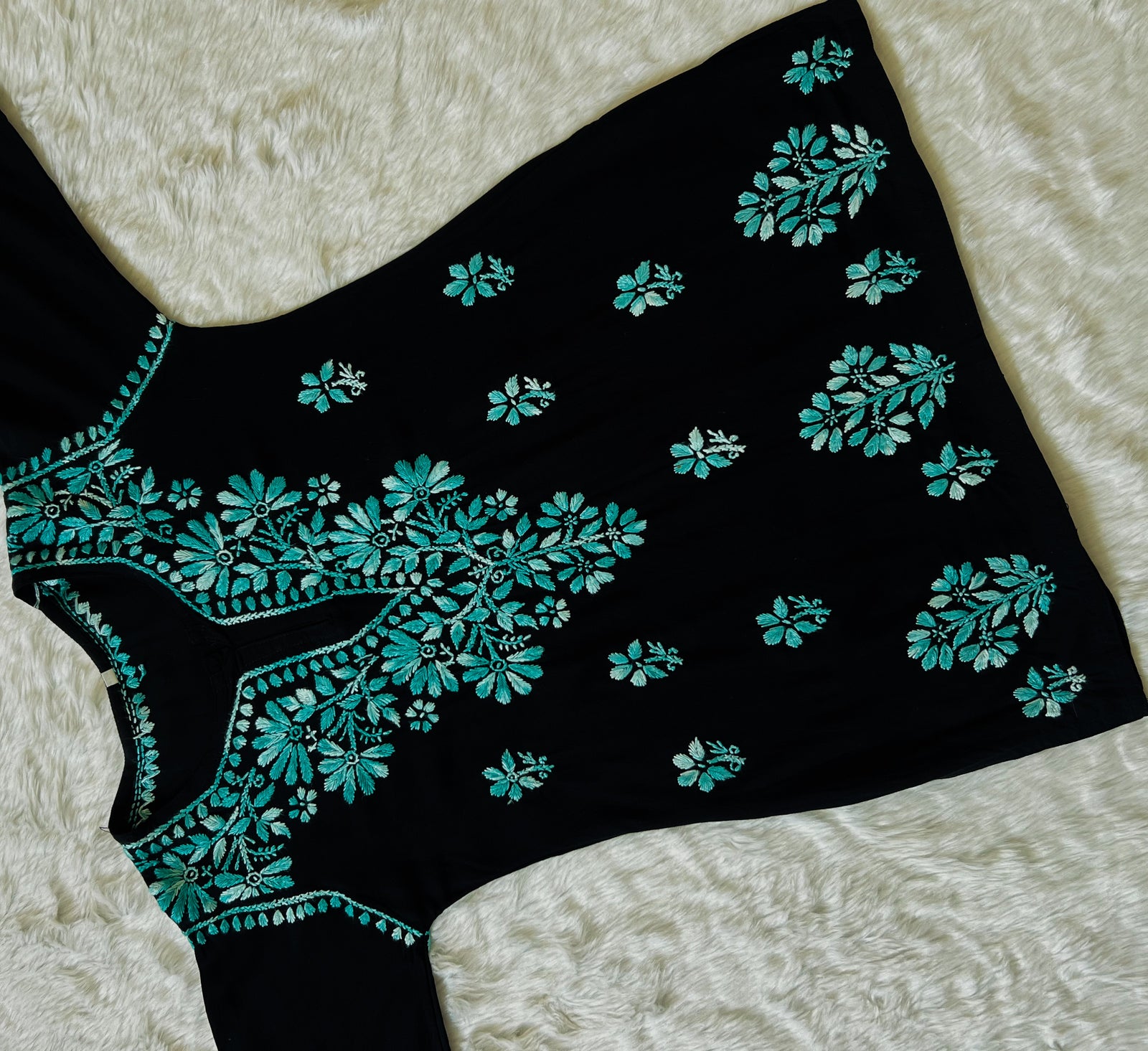 Sara Black & Teal Short Rayon Chikankari Kurta