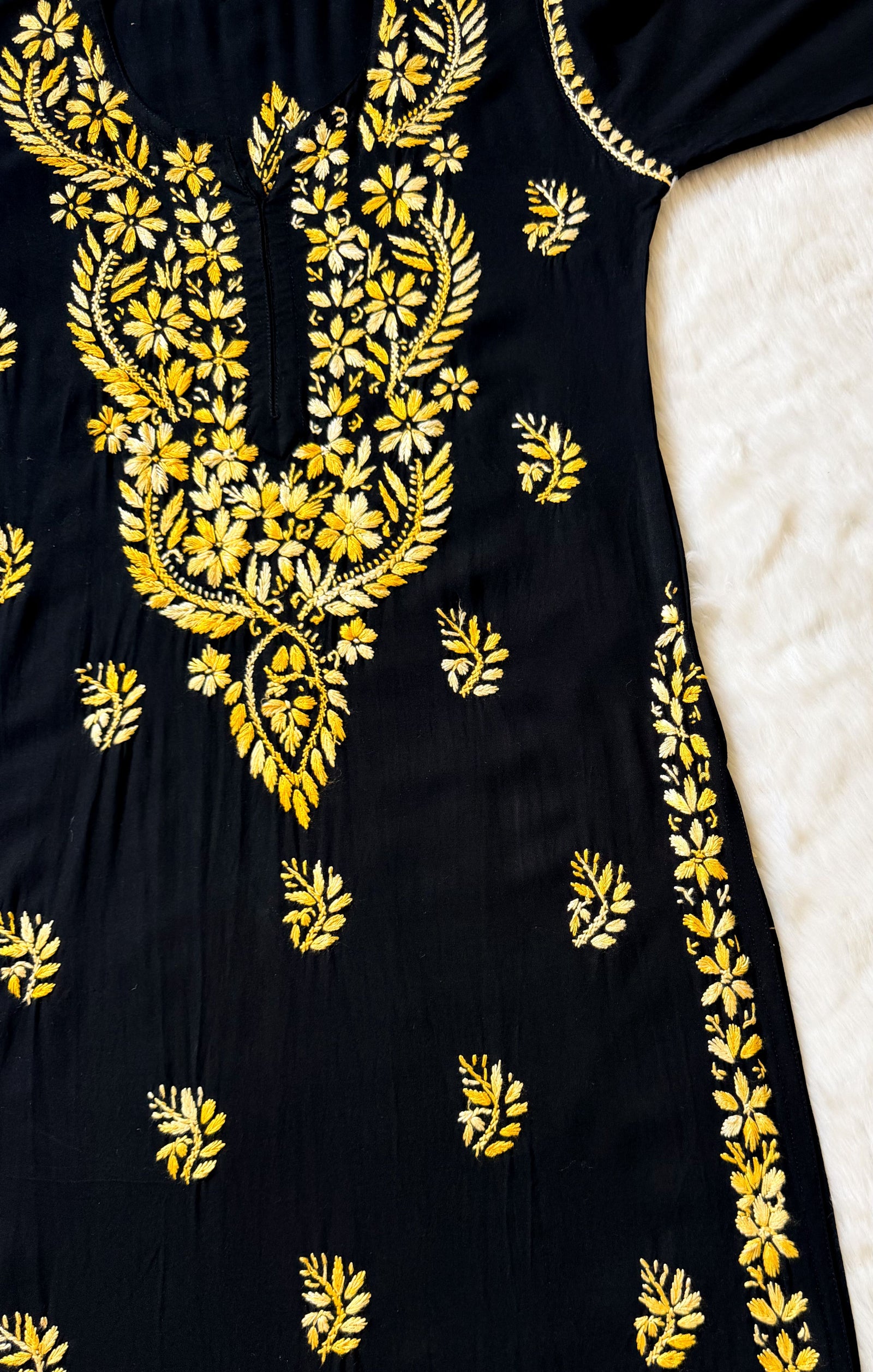 Sara Black & Yellow Long Rayon Chikankari Kurti