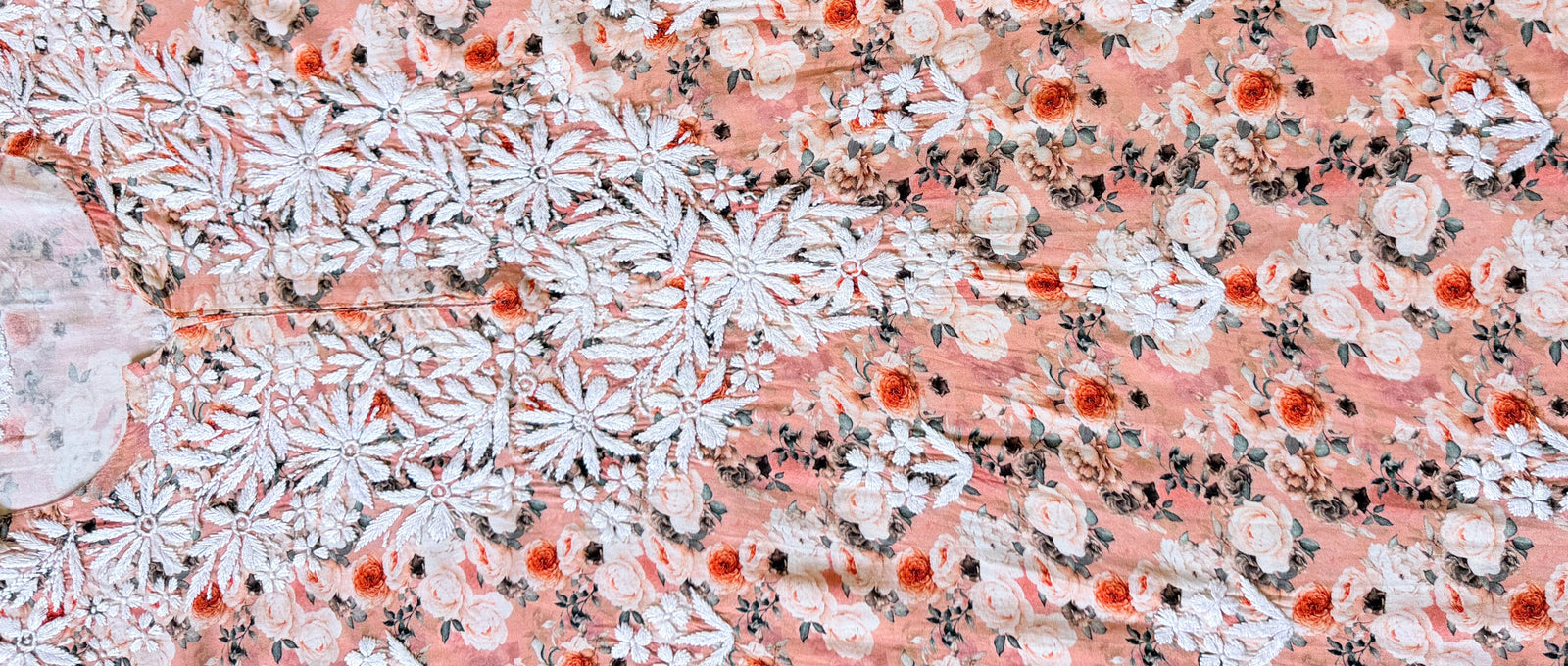 Sehr Peach Rayon Printed Chikankari Kurti