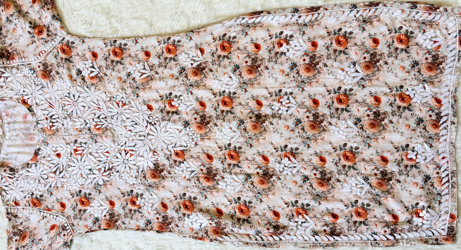 Sehr Rust Rayon Printed Chikankari Kurti