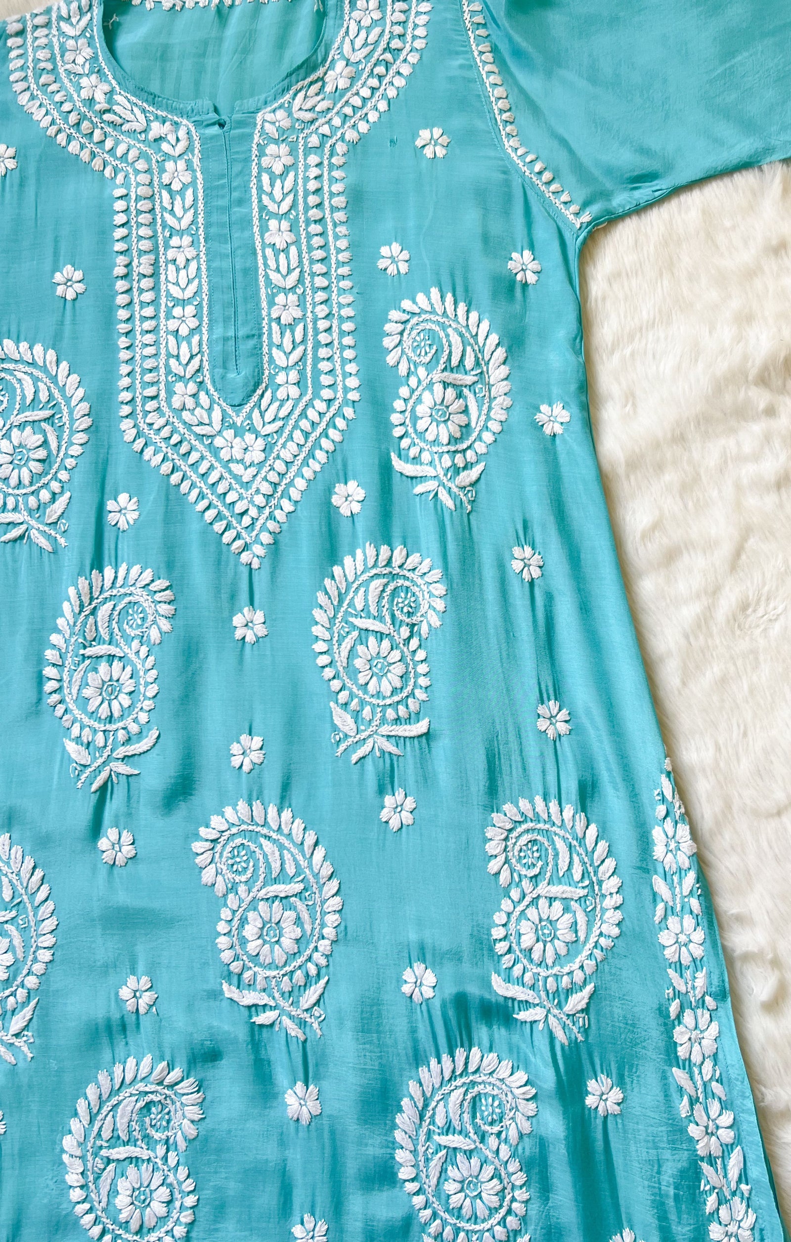 Siya Aqua Blue Muslin Long Kurta with Heavy Chikankari