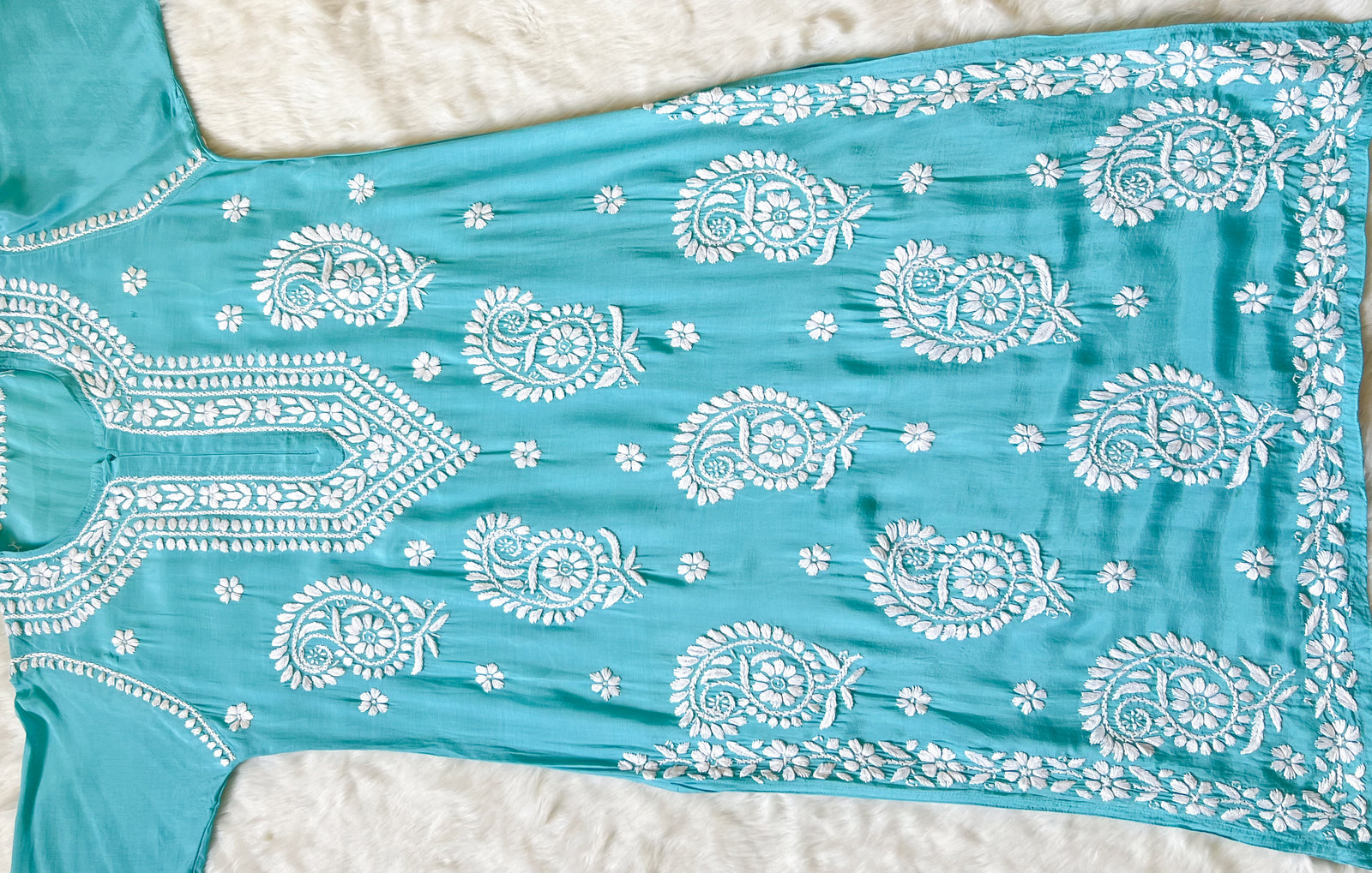 Siya Aqua Blue Muslin Long Kurta with Heavy Chikankari