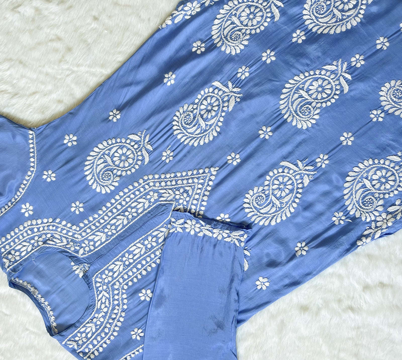 Siya Blue Muslin Long Kurta with Heavy Chikankari