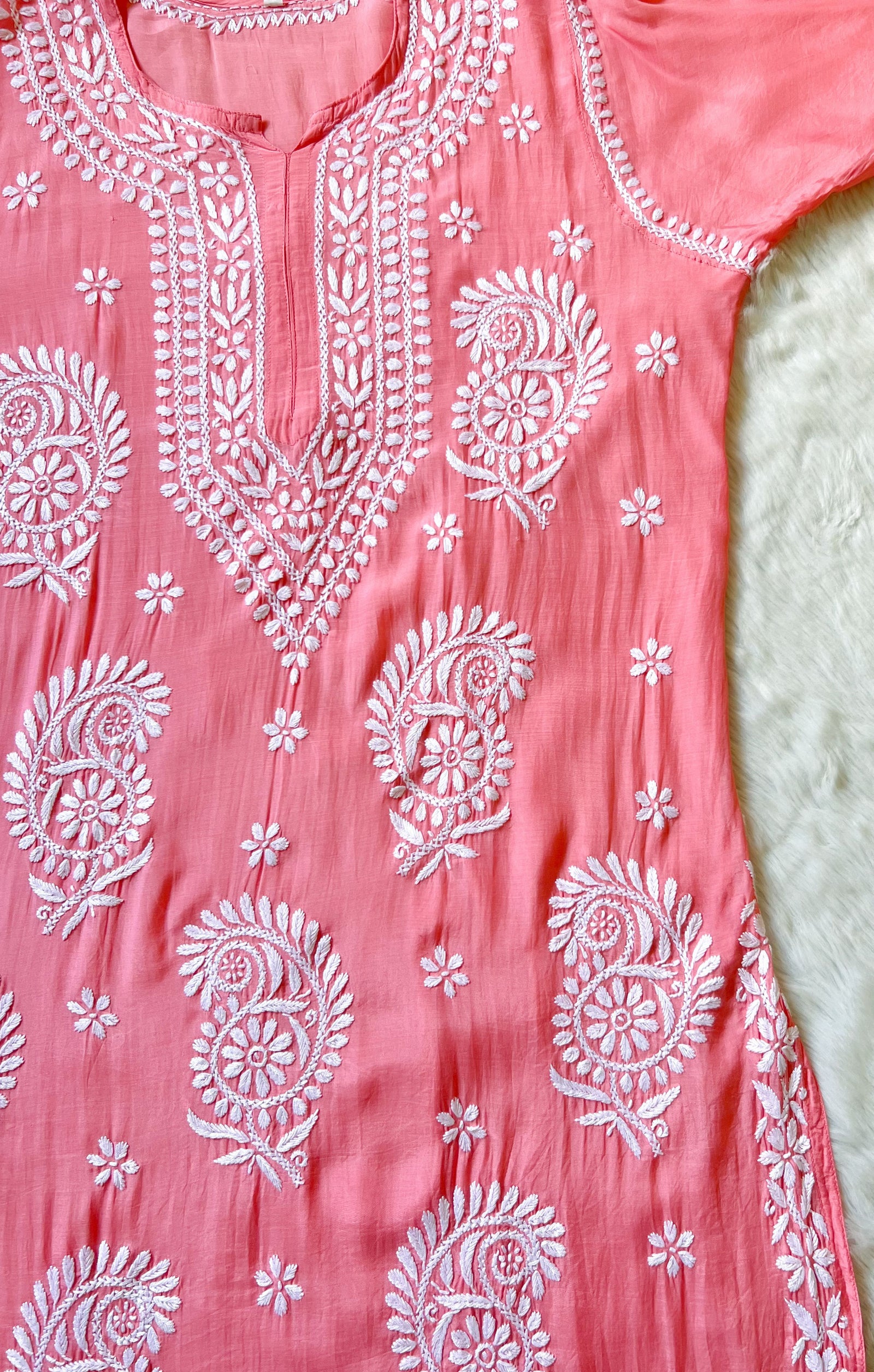 Siya Coral Muslin Long Kurta with Heavy Chikankari