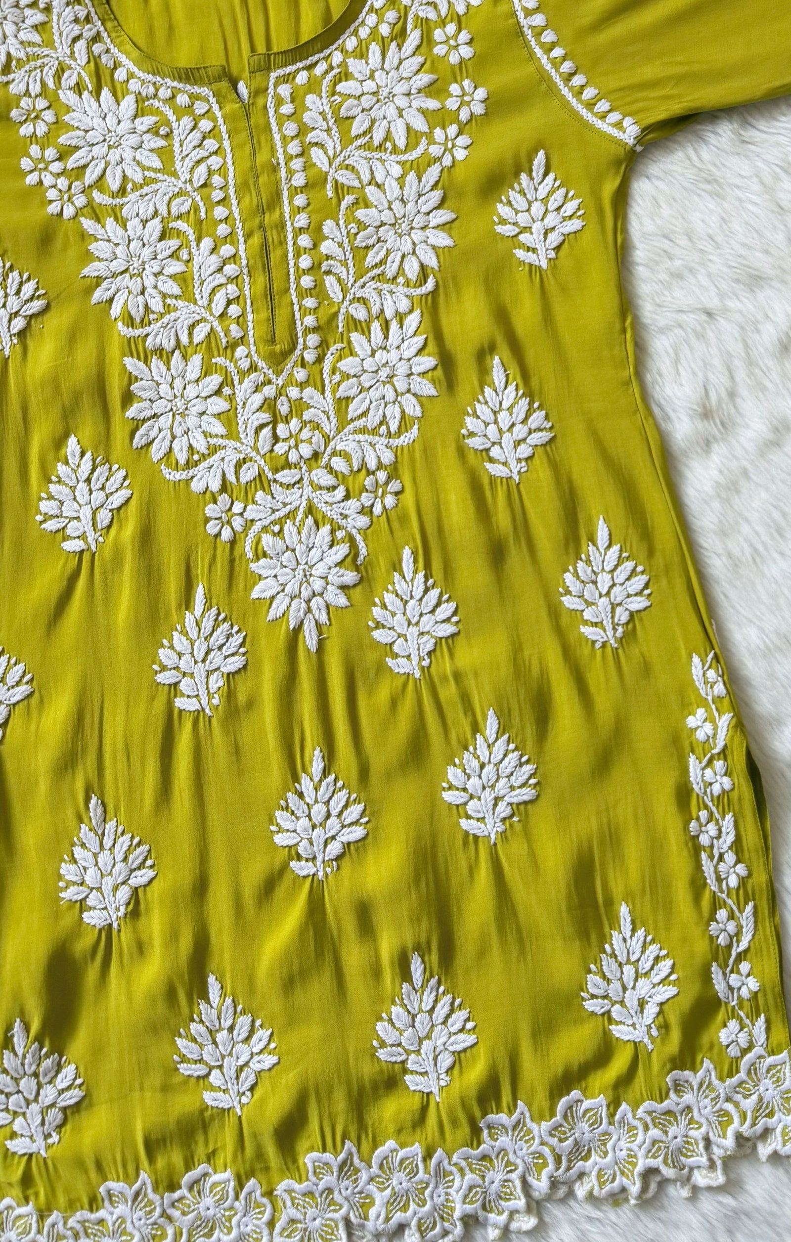 Siya Lime Chanderi Chikankari Short Kurti