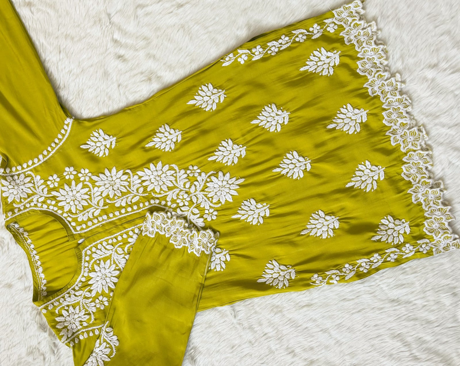 Siya Lime Chanderi Chikankari Short Kurti